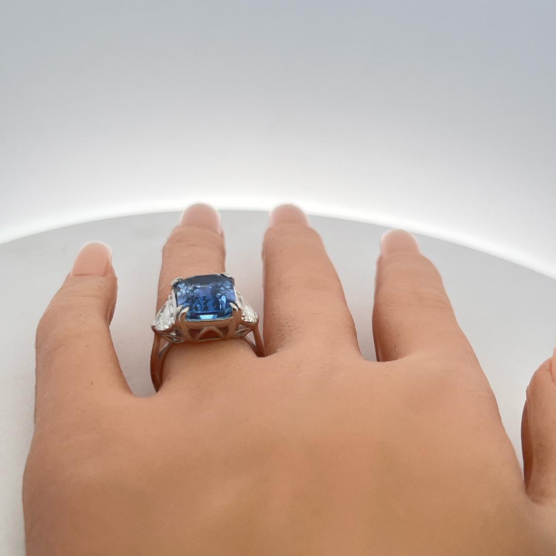 Platinum Three-Stone Ring 1.35ct Half Moon Shape Diamonds 11.57ct Sapphire GIA