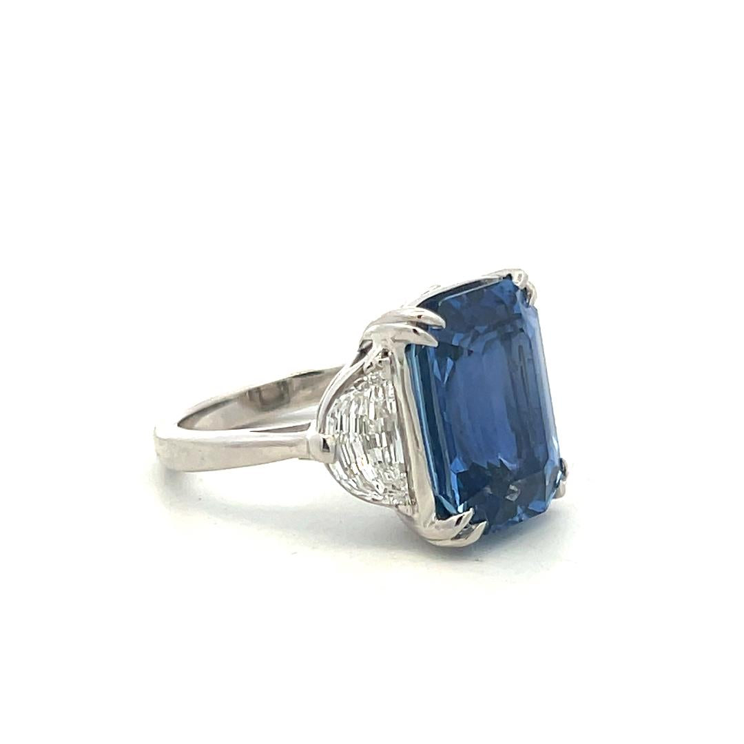 Platinum Three-Stone Ring 1.35ct Half Moon Shape Diamonds 11.57ct Sapphire GIA