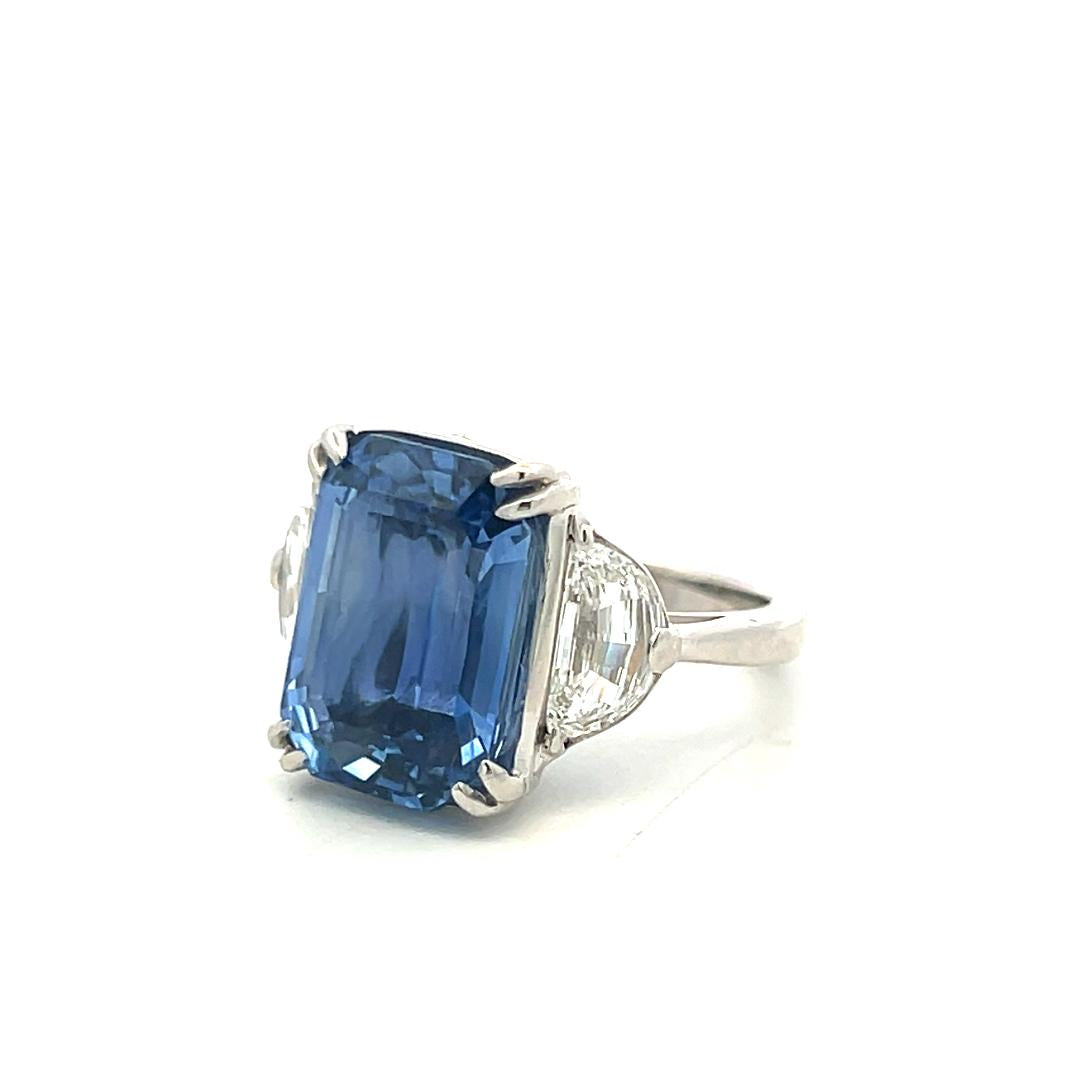 Platinum Three-Stone Ring 1.35ct Half Moon Shape Diamonds 11.57ct Sapphire GIA