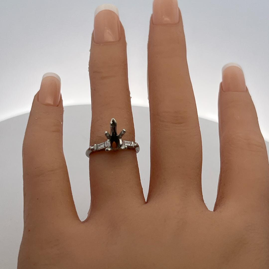Platinum Semi Mount Ring with 0.1ct Baguette Diamonds Fits 9.4x5mm 1.25ct++