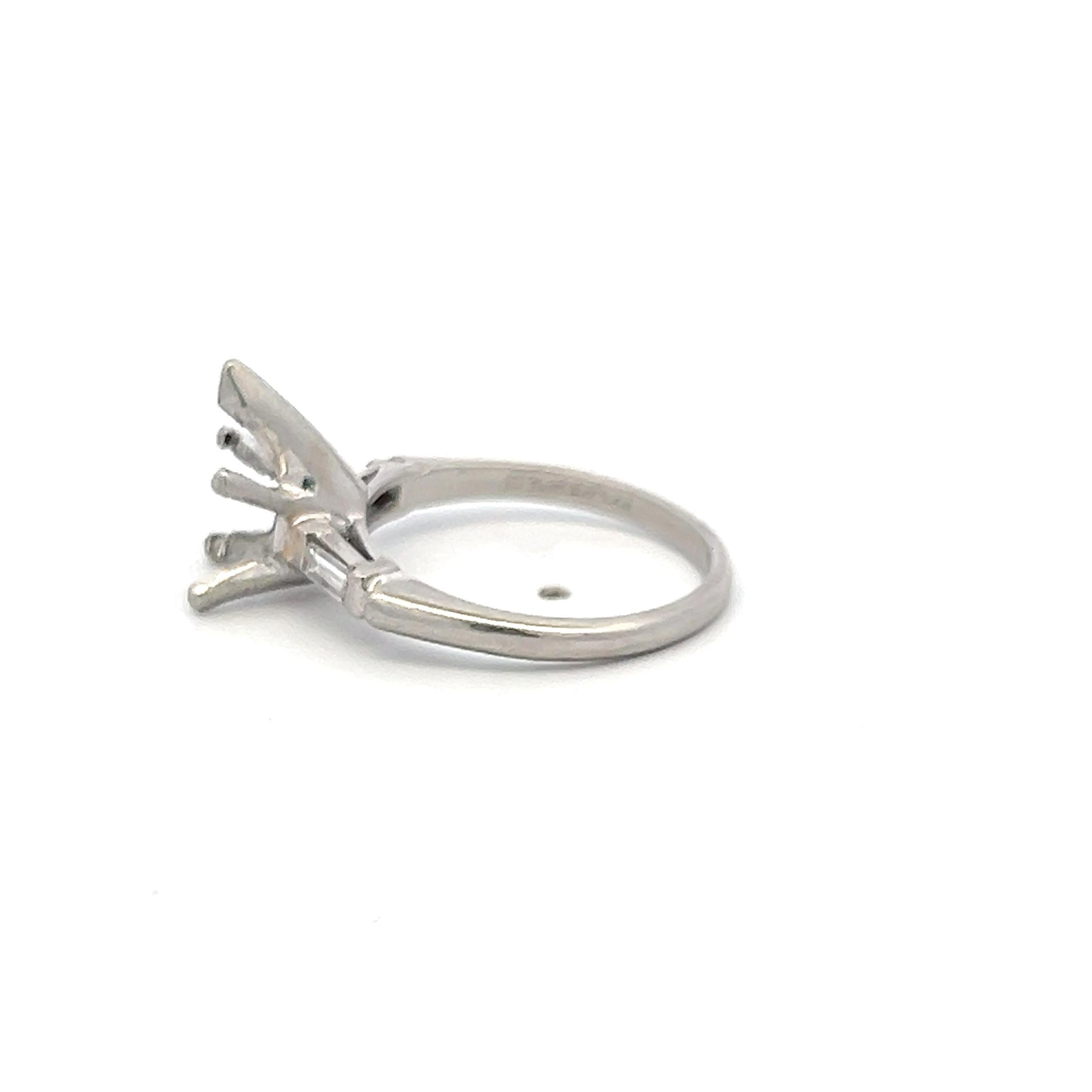 Platinum Semi Mount Ring with 0.1ct Baguette Diamonds Fits 9.4x5mm 1.25ct++