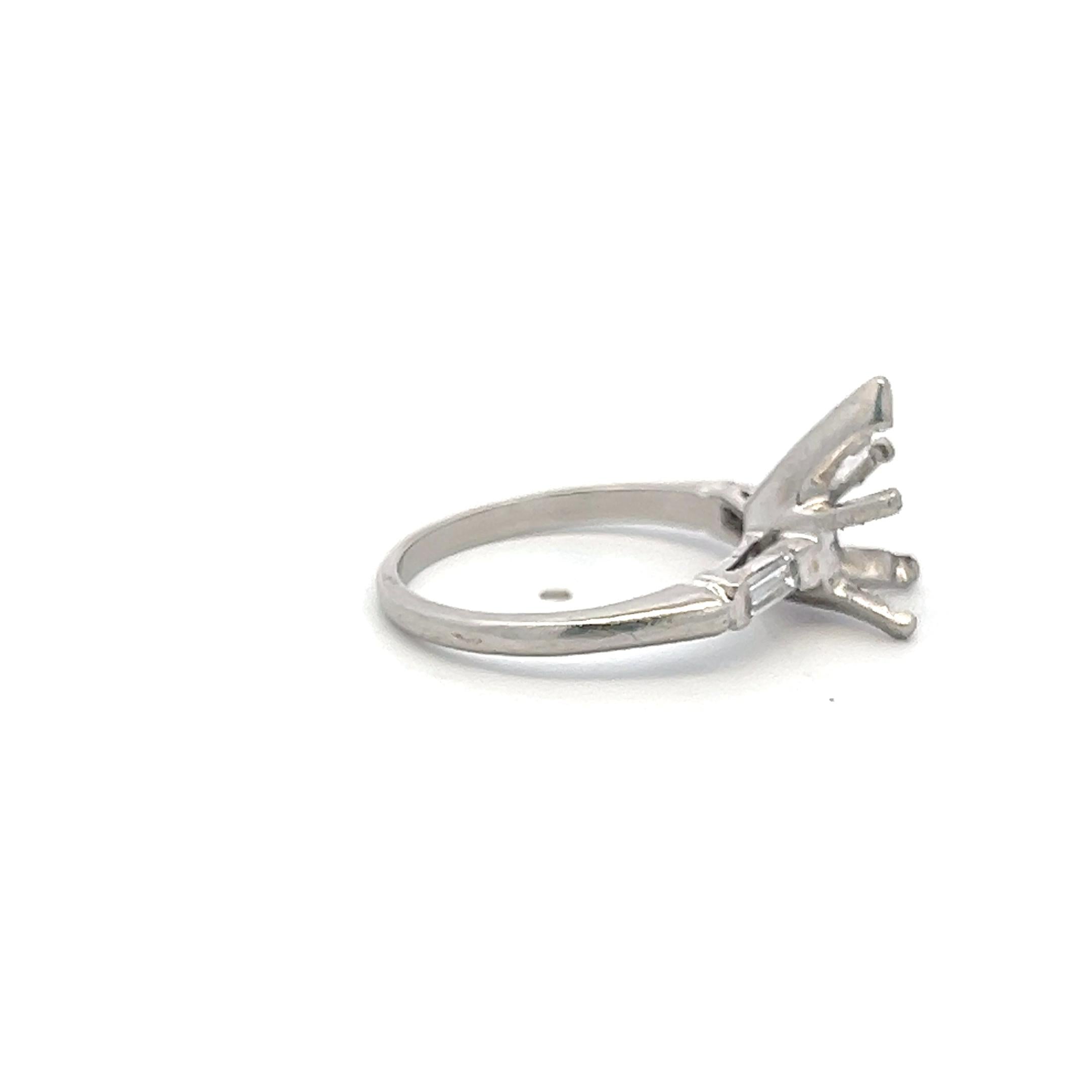 Platinum Semi Mount Ring with 0.1ct Baguette Diamonds Fits 9.4x5mm 1.25ct++