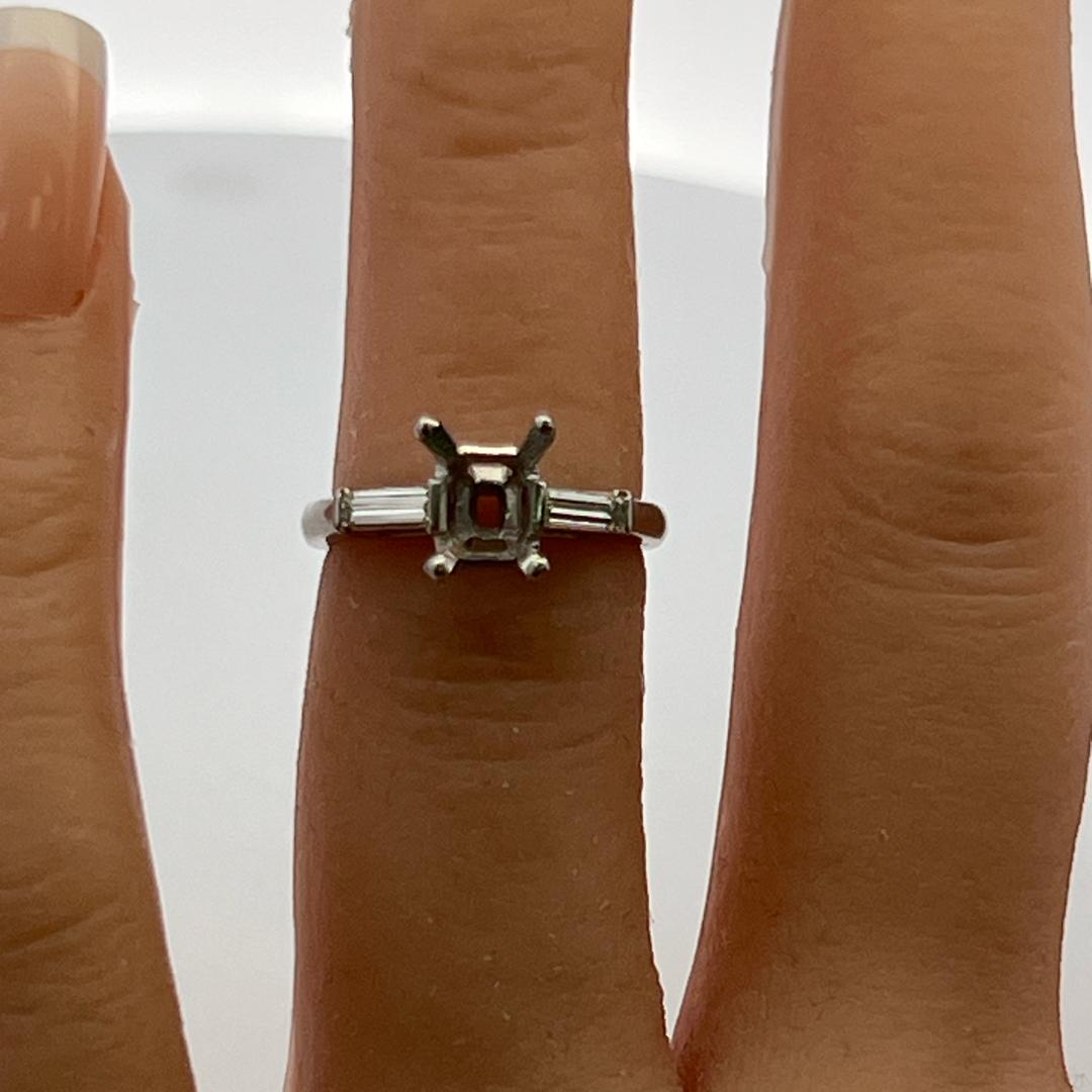 Platinum Semi Mount Ring with 0.1ct Baguette Diamonds Fits 6.6x4.3mm 0.50ct++