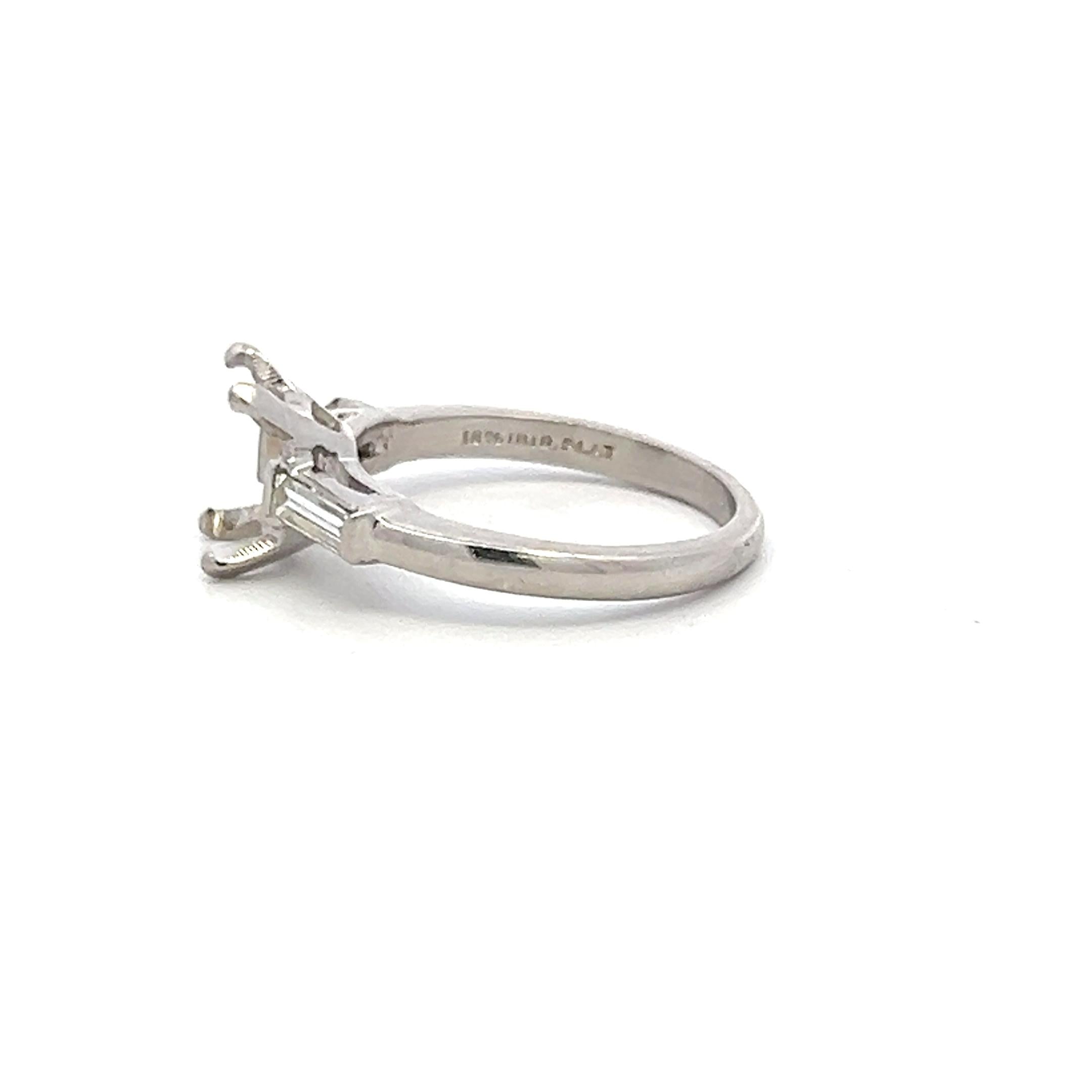 Platinum Semi Mount Ring with 0.1ct Baguette Diamonds Fits 6.6x4.3mm 0.50ct++