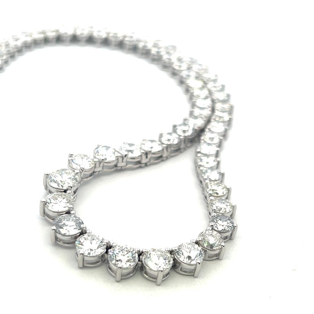 New 14K White Gold Riviera Necklace with 37.63 Carat Round Diamonds GIA