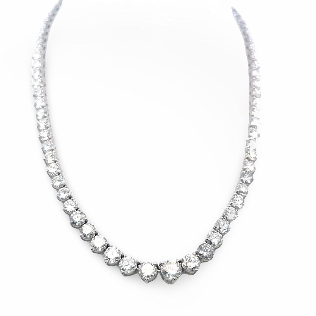 New 14K White Gold Riviera Necklace with 37.63 Carat Round Diamonds GIA