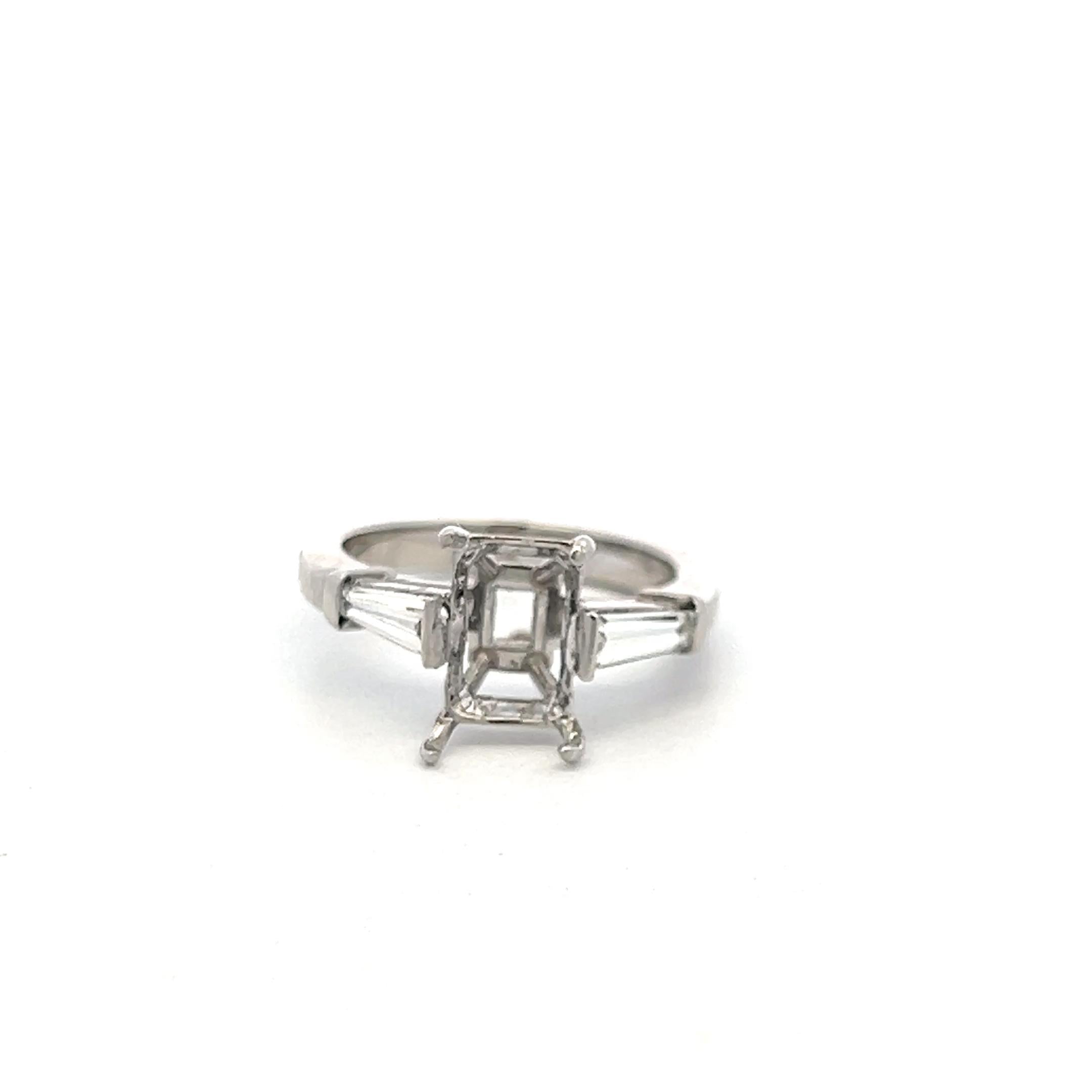 Platinum Semi Mount with Ring 0.55ct Tapered Baguette Diamonds Fits 9x6.1mm