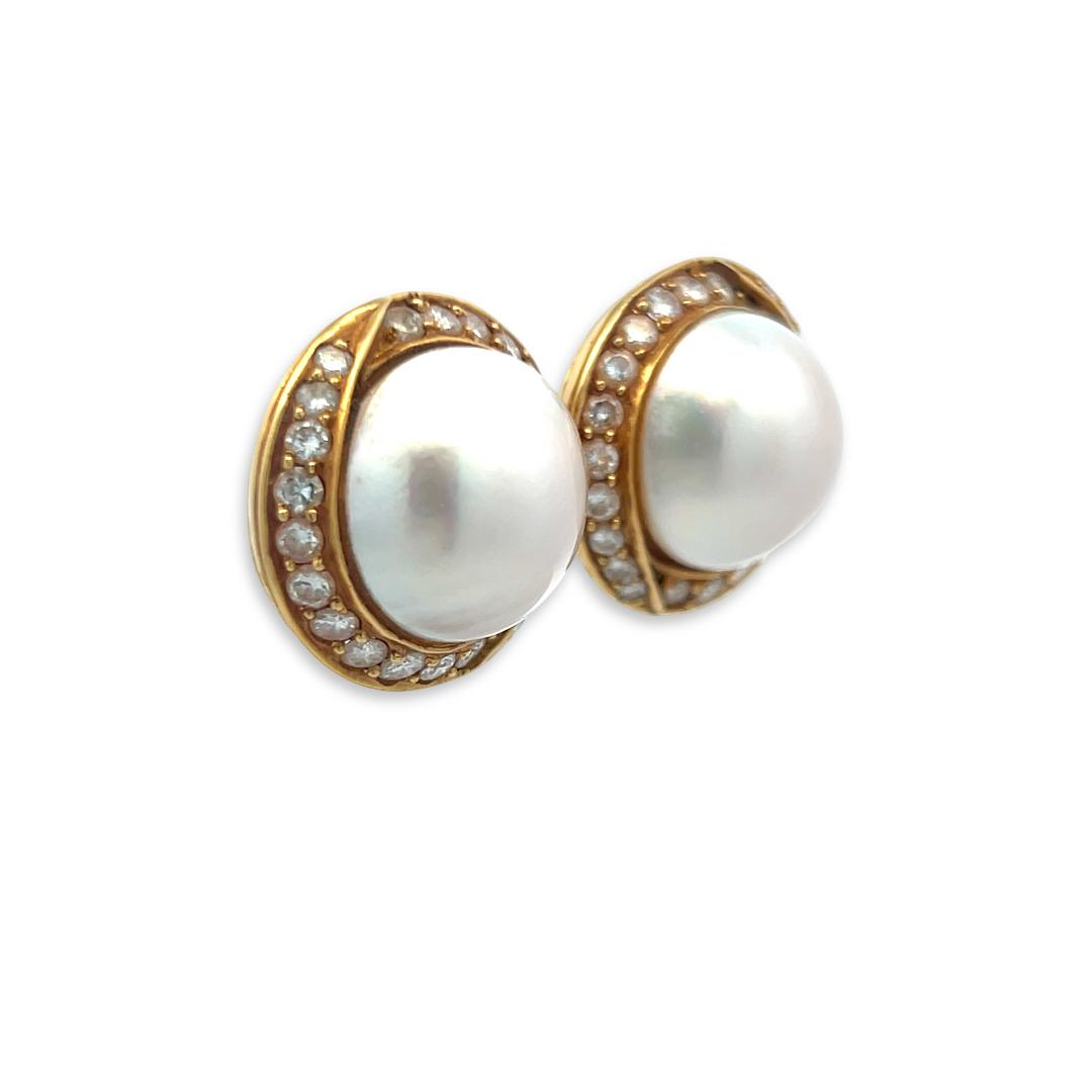 Tiffany & Co 18K YG Clip On Earrings with 3 Carat Round Diamonds & 16.3mm Pearls