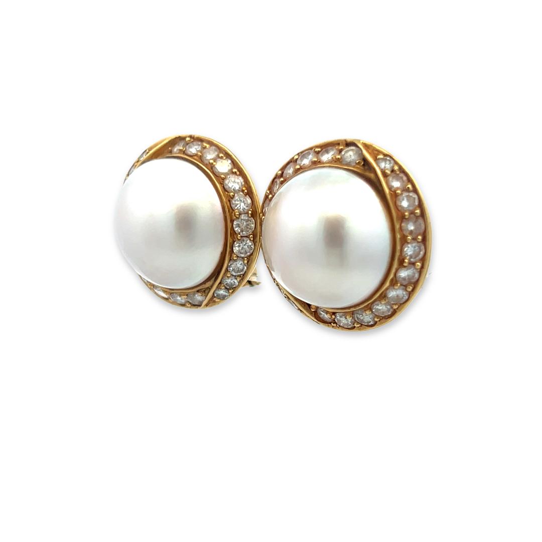 Tiffany & Co 18K YG Clip On Earrings with 3 Carat Round Diamonds & 16.3mm Pearls