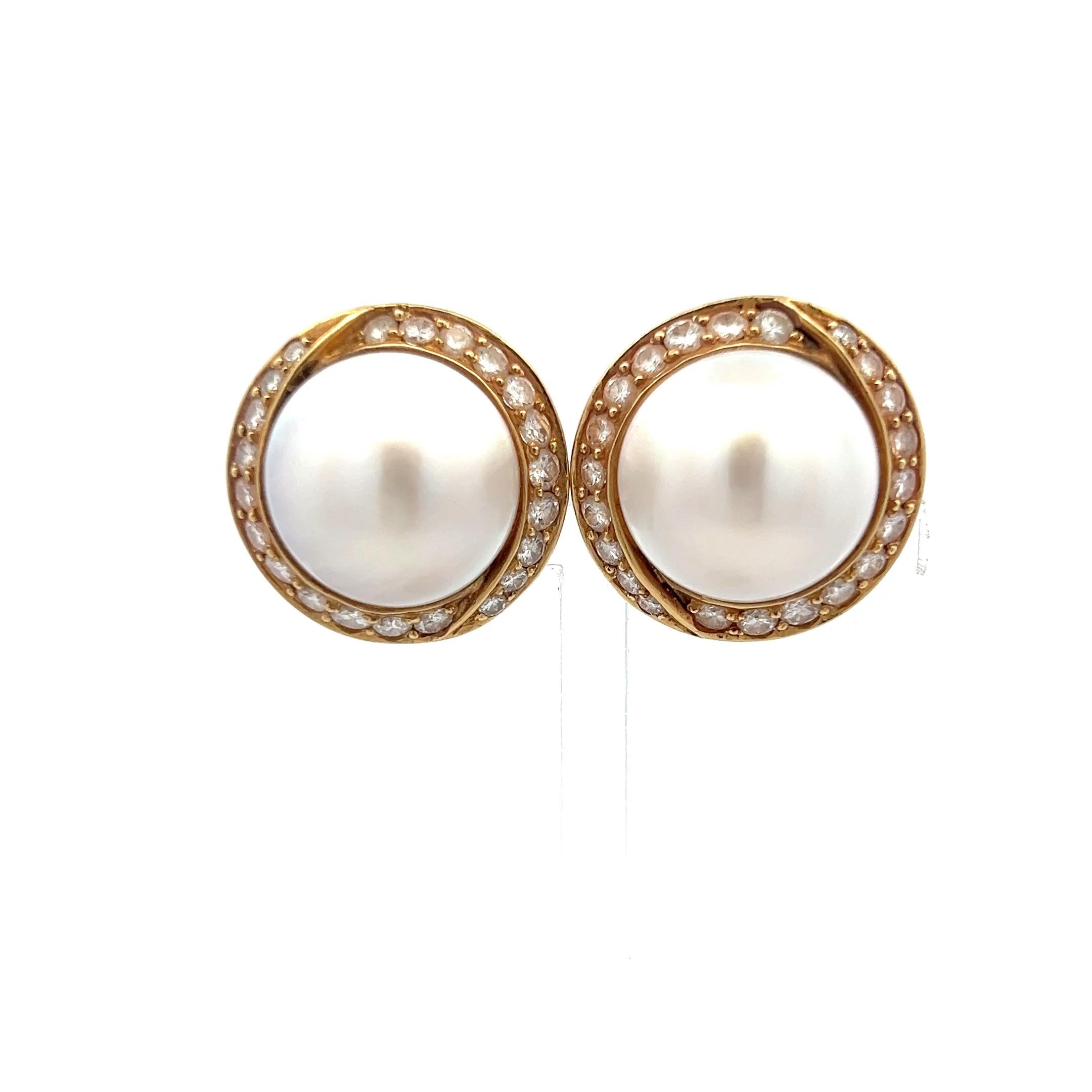 Tiffany & Co 18K YG Clip On Earrings with 3 Carat Round Diamonds & 16.3mm Pearls