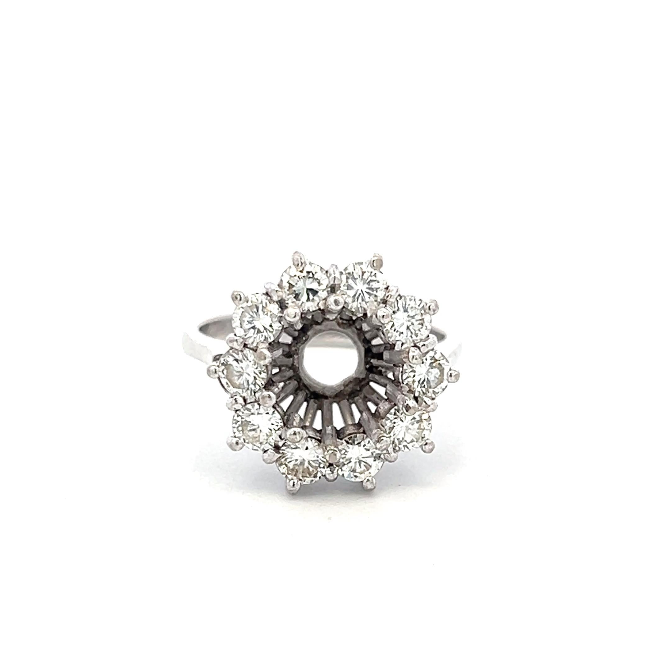 Vintage 18K White Gold Semi Mount Ring with 1ct Round Diamonds Fits 9mm 2.05ct+