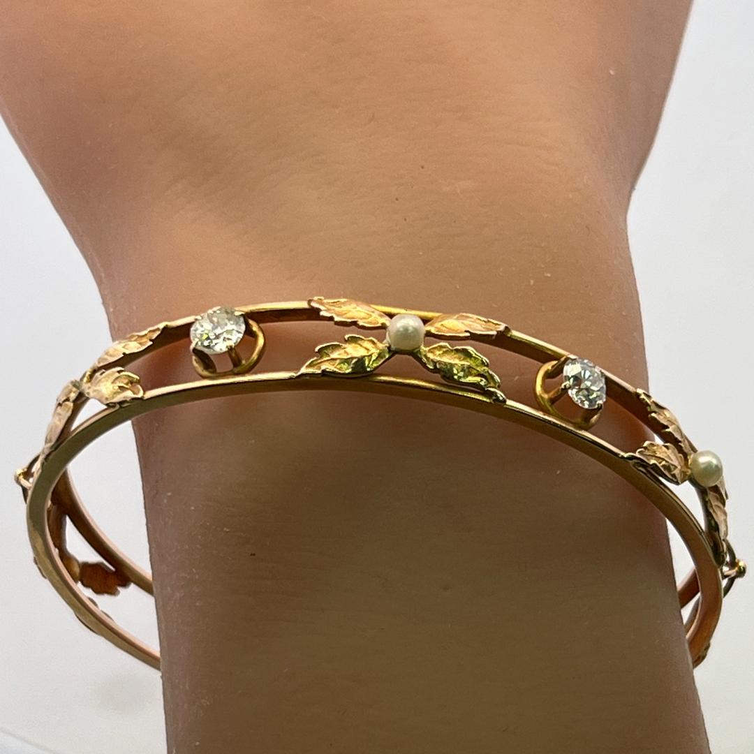 14K Yellow Gold Bangle Bracelet with 1.05 Carat Round H SI Diamonds 3.6mm Pearls
