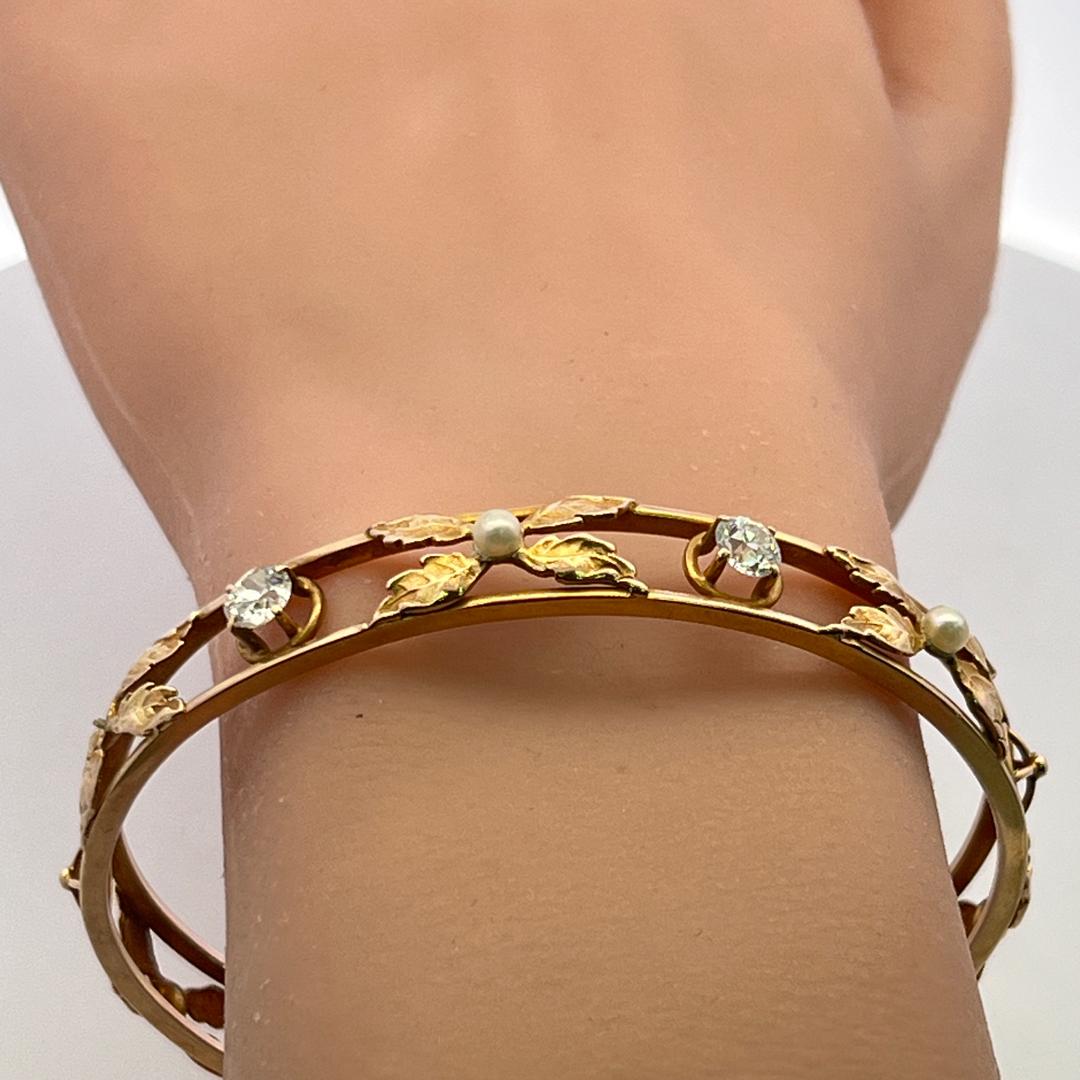 14K Yellow Gold Bangle Bracelet with 1.05 Carat Round H SI Diamonds 3.6mm Pearls