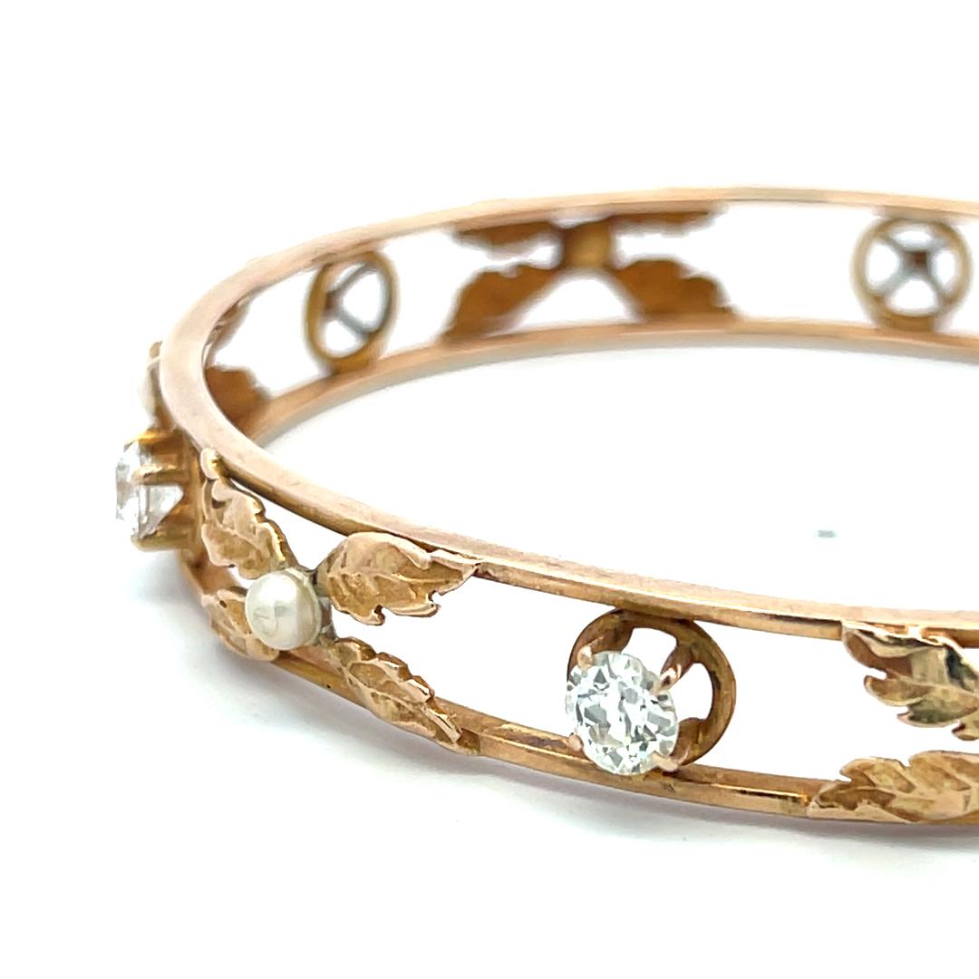14K Yellow Gold Bangle Bracelet with 1.05 Carat Round H SI Diamonds 3.6mm Pearls