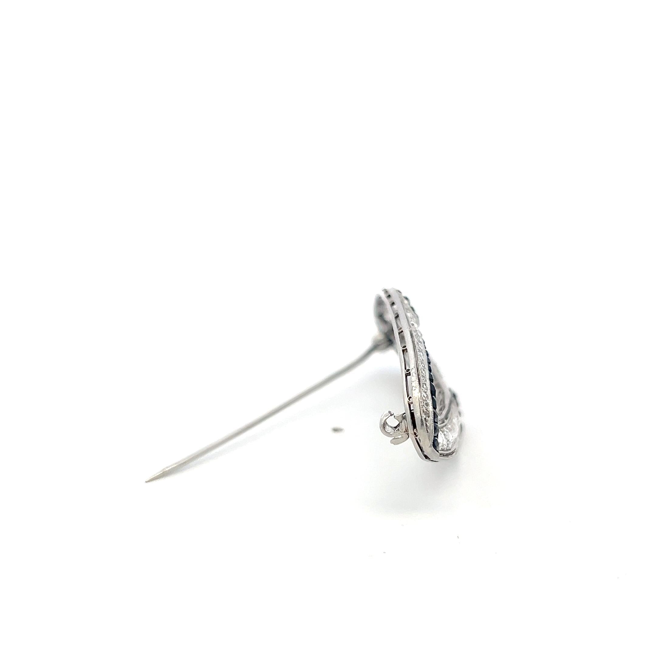 Vintage Platinum Pin Brooch with 1.6ct Old European H VS Diamonds 0.6-2.2mm Onyx