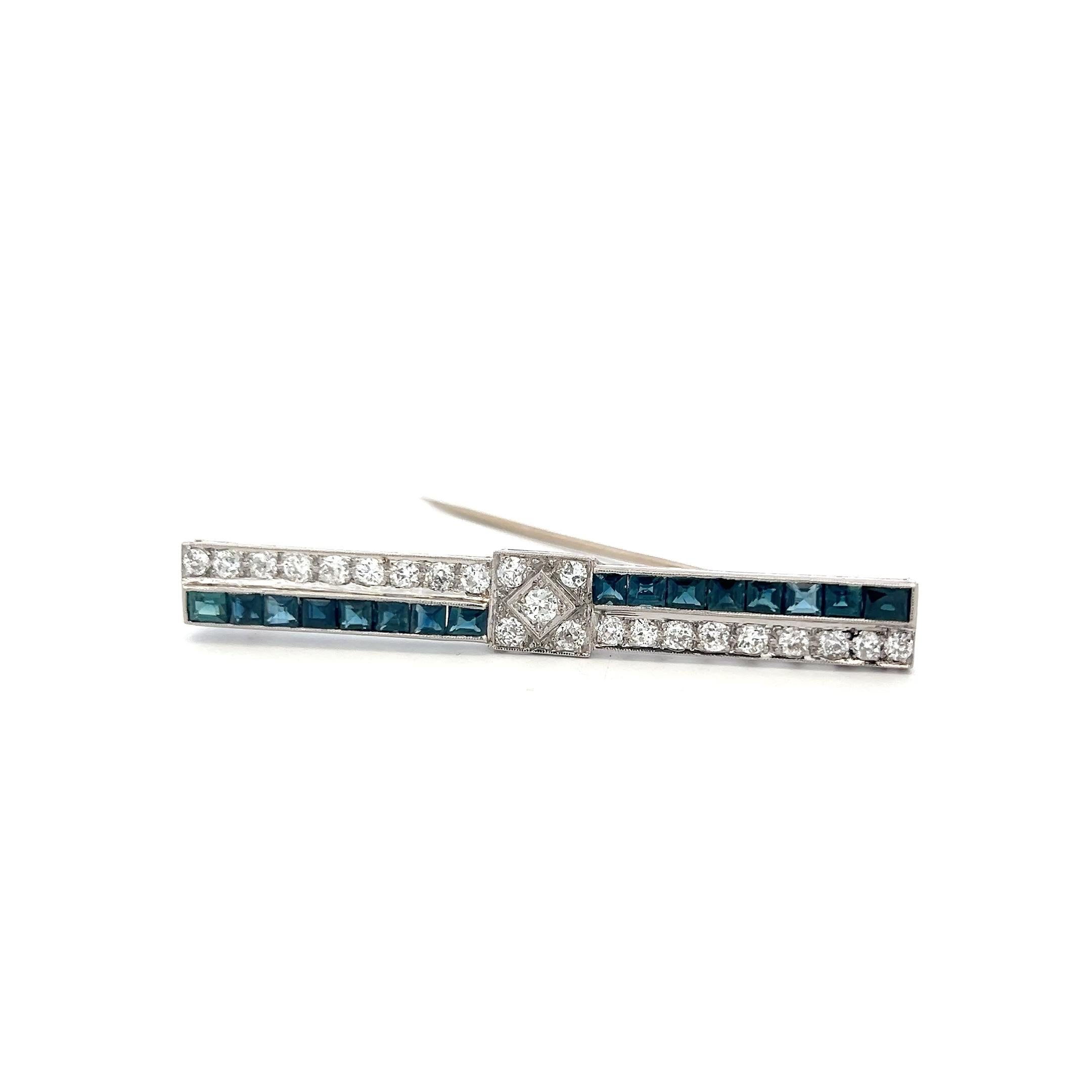 Vintage Platinum Pin Brooch with 1.25ct Old European Diamonds & 2.4ct Sapphires