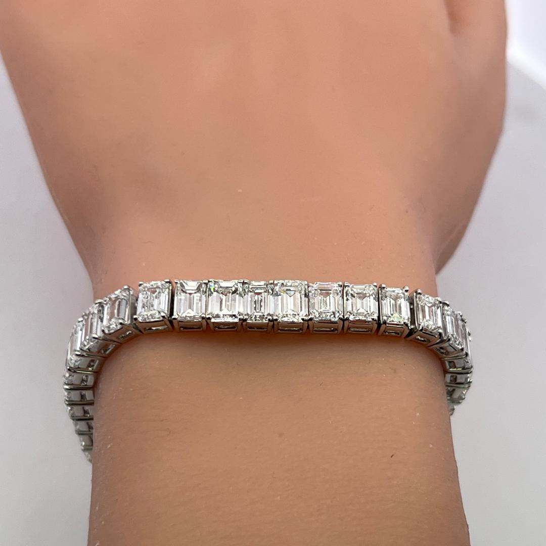 Platinum Tennis Bracelet with 28.45 Carat Emerald Cut Diamonds 39.6 Grams GIA