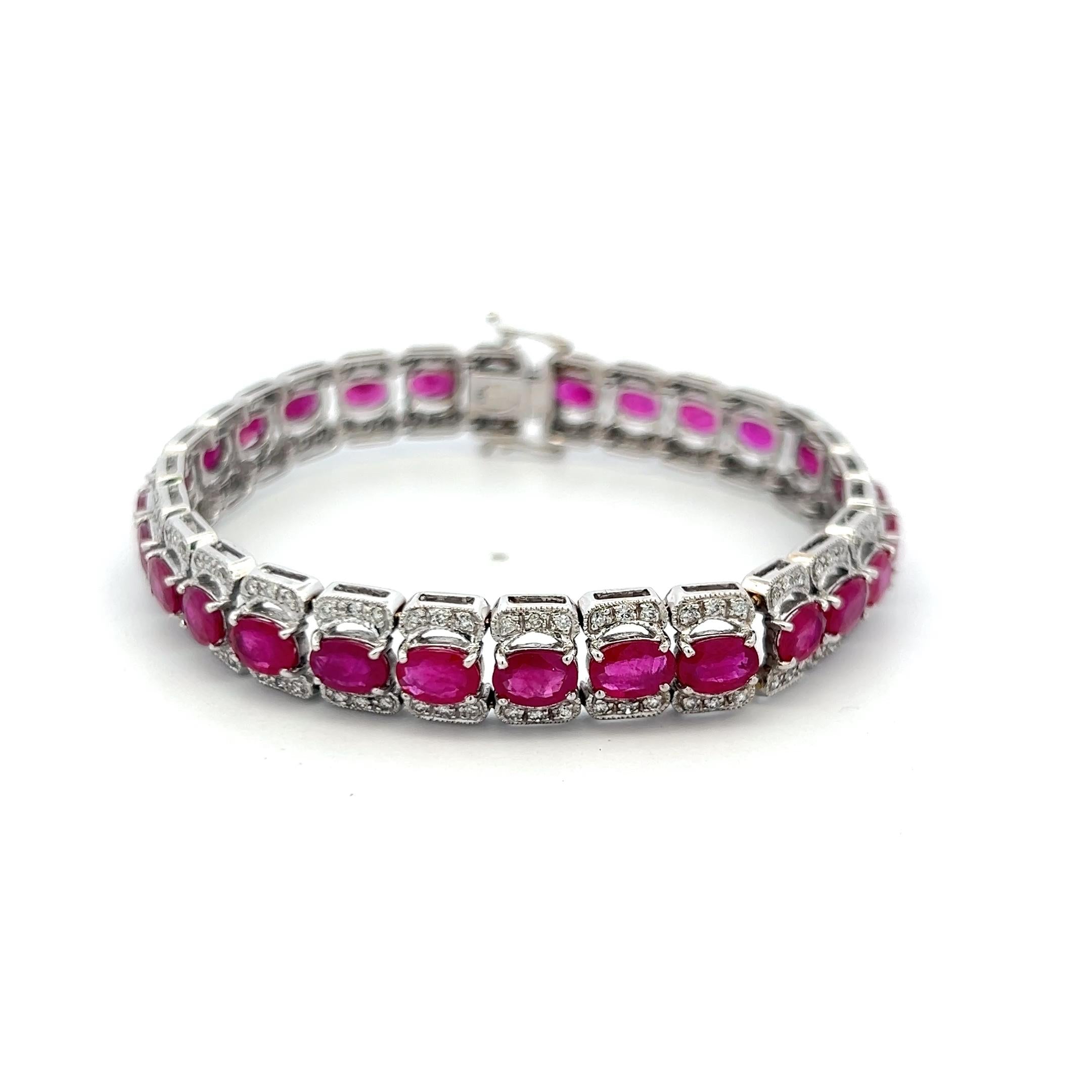 Vintage 18K WG Link Bracelet with 1.4 Carat Round Diamond & 11.2 Carat Ruby