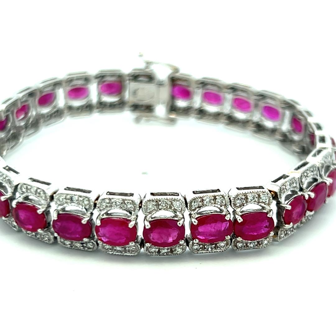 Vintage 18K WG Link Bracelet with 1.4 Carat Round Diamond & 11.2 Carat Ruby