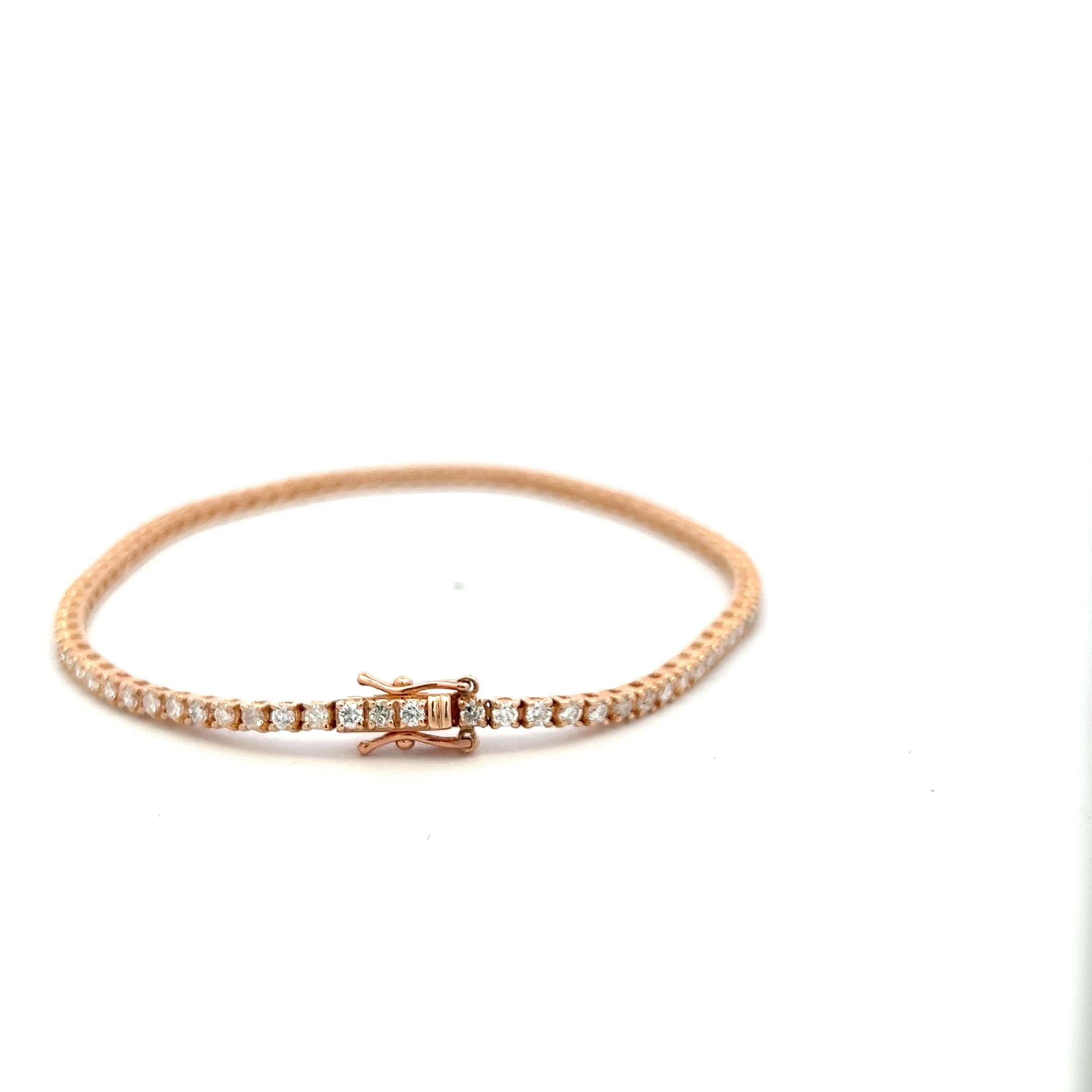 Vintage 14K Rose Gold Tennis Bracelet with 1.77 Carat Round G SI Diamonds