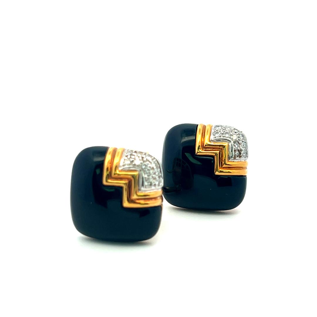 18K Yellow Gold Clip-On Earrings with 0.4ct Round I SI Diamonds 22.5*13.9mm Onyx