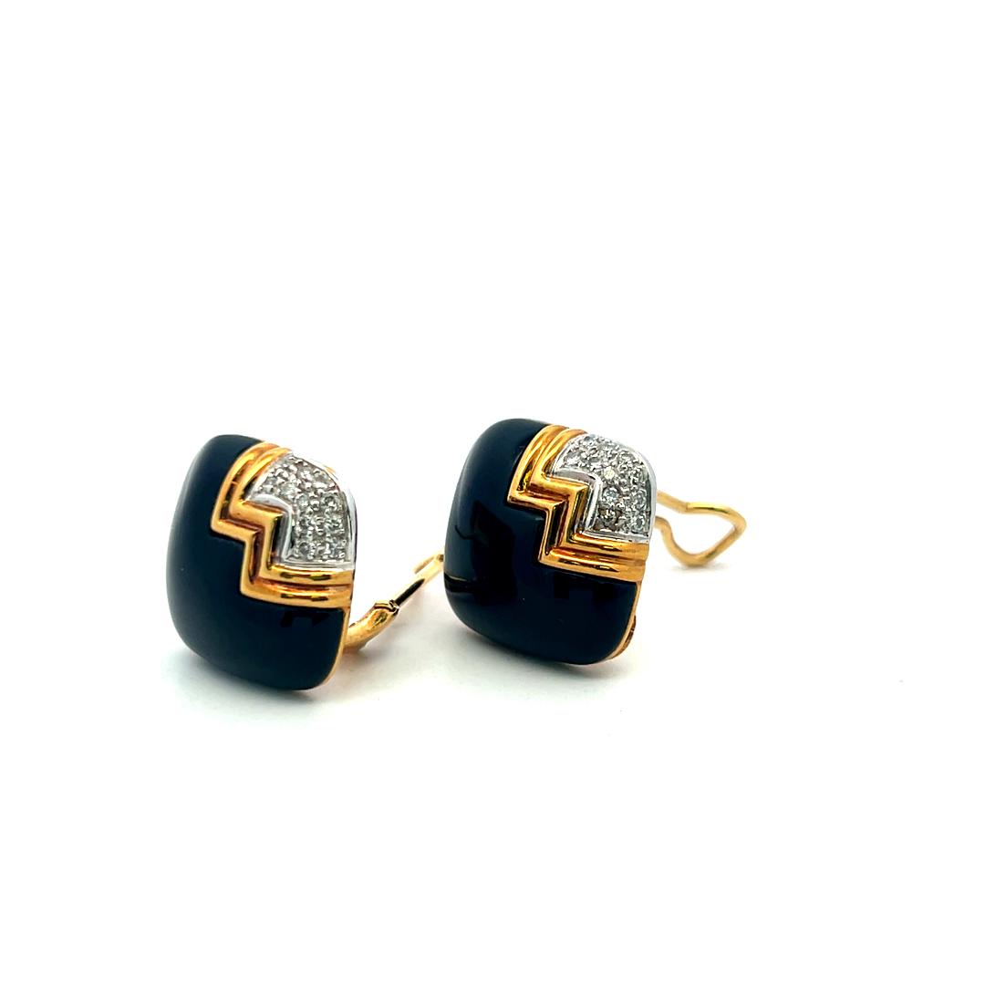 18K Yellow Gold Clip-On Earrings with 0.4ct Round I SI Diamonds 22.5*13.9mm Onyx