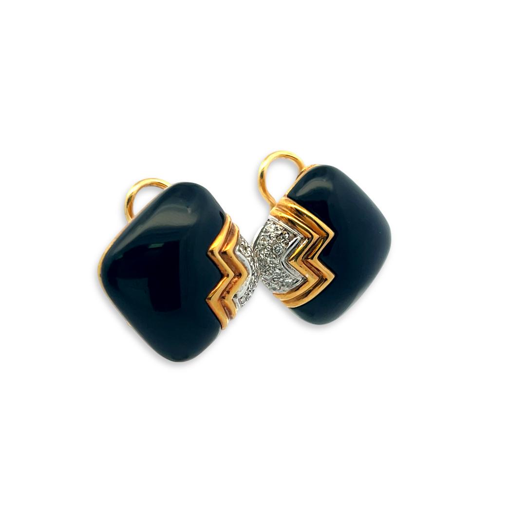18K Yellow Gold Clip-On Earrings with 0.4ct Round I SI Diamonds 22.5*13.9mm Onyx
