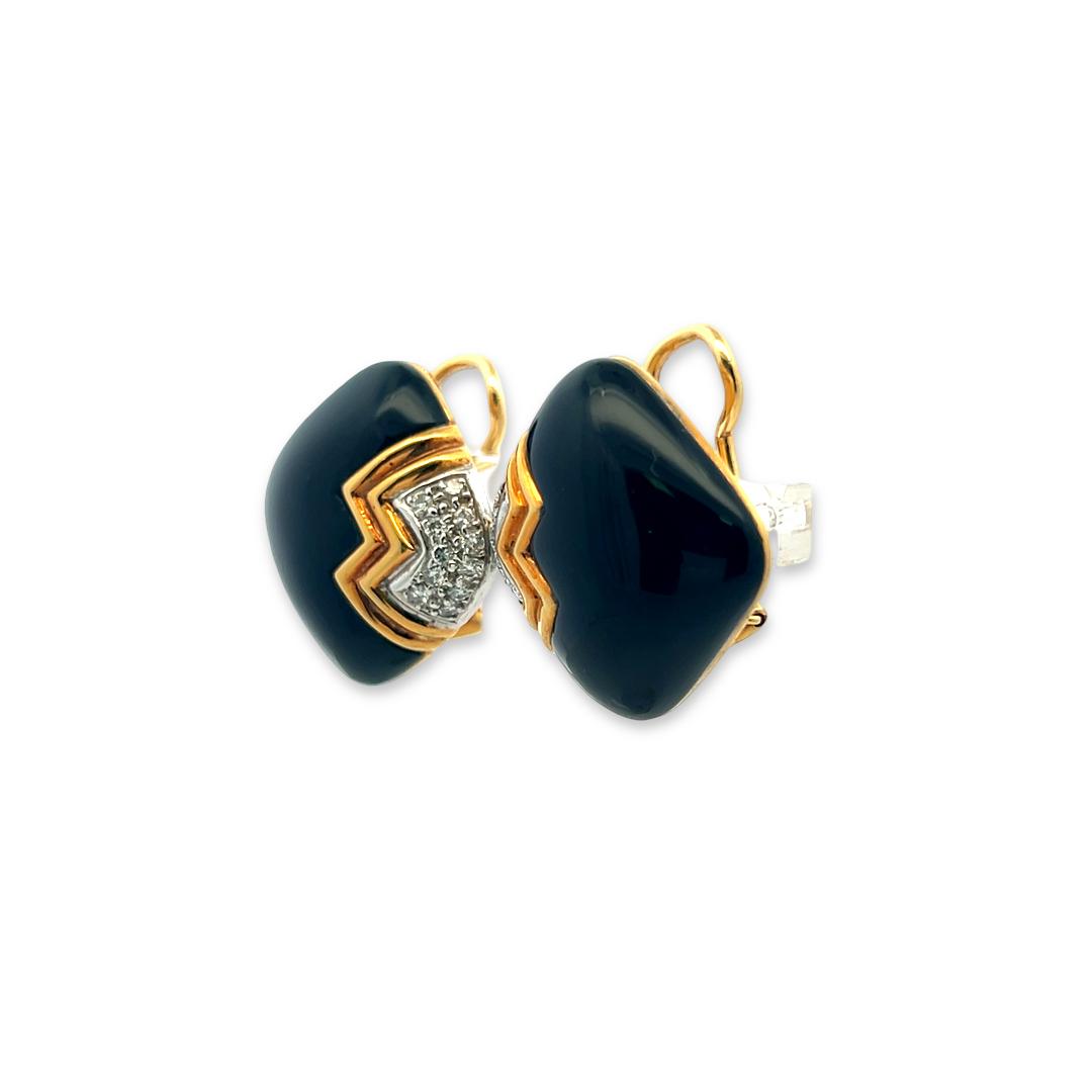 18K Yellow Gold Clip-On Earrings with 0.4ct Round I SI Diamonds 22.5*13.9mm Onyx