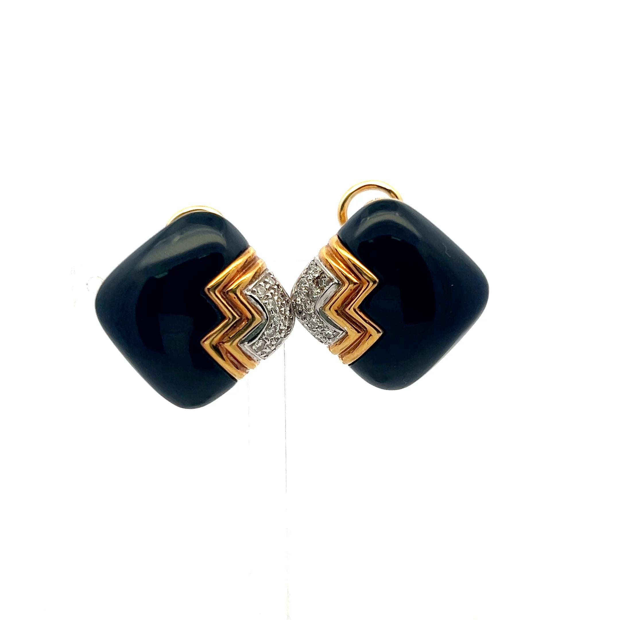 18K Yellow Gold Clip-On Earrings with 0.4ct Round I SI Diamonds 22.5*13.9mm Onyx
