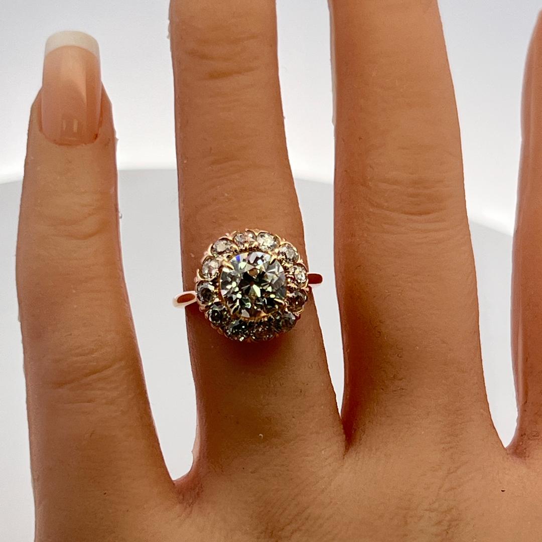 14K Rose Gold Halo Ring with 3.62ct Old European Diamonds Size 5.75 GIA K SI1