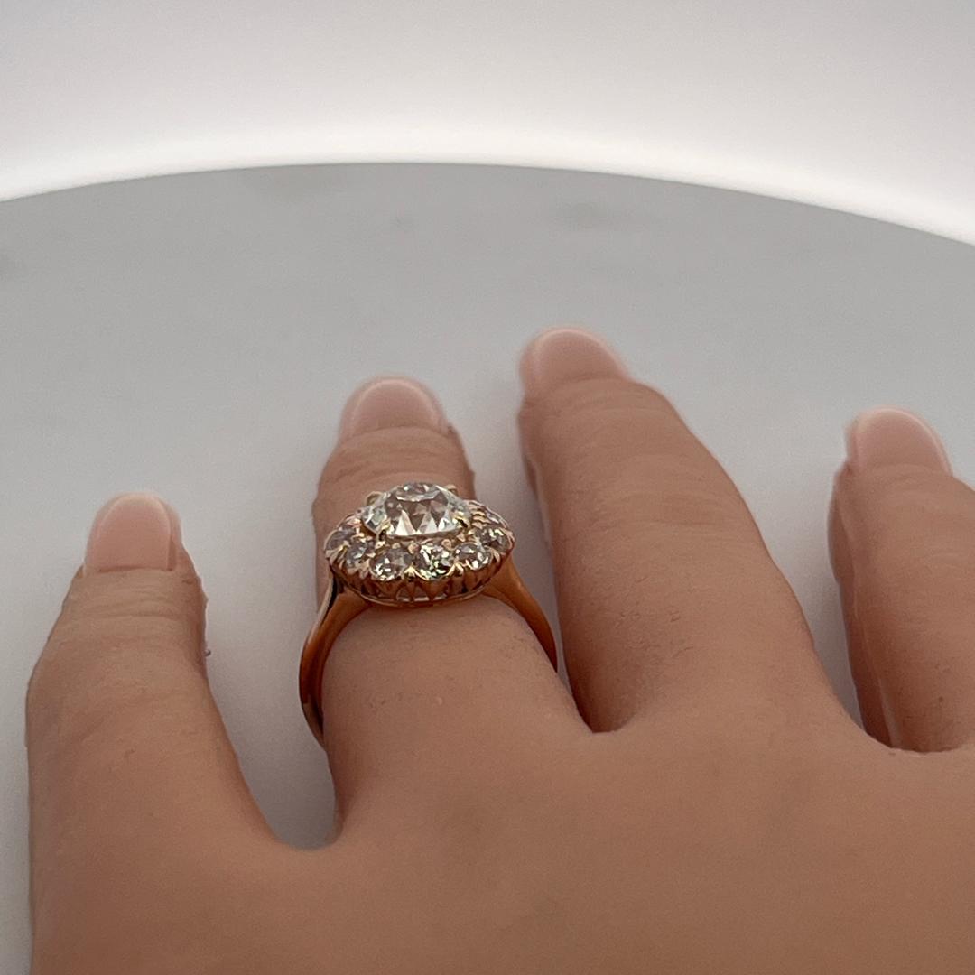 14K Rose Gold Halo Ring with 3.62ct Old European Diamonds Size 5.75 GIA K SI1
