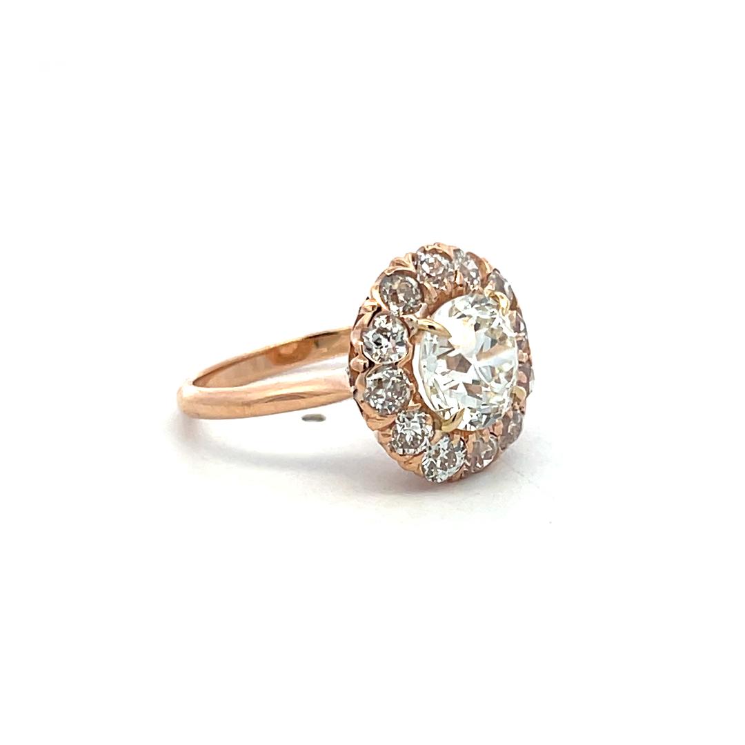 14K Rose Gold Halo Ring with 3.62ct Old European Diamonds Size 5.75 GIA K SI1