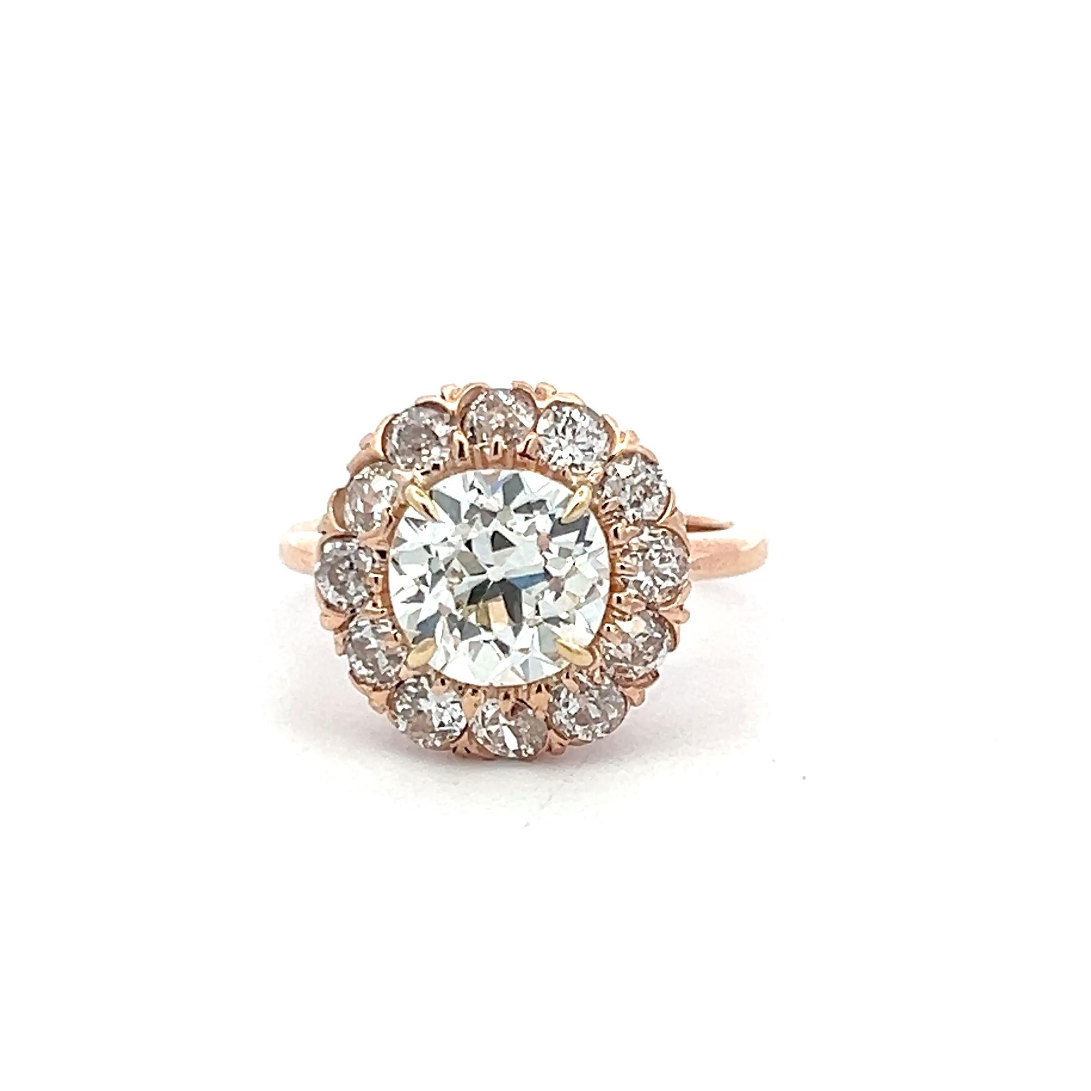 14K Rose Gold Halo Ring with 3.62ct Old European Diamonds Size 5.75 GIA K SI1