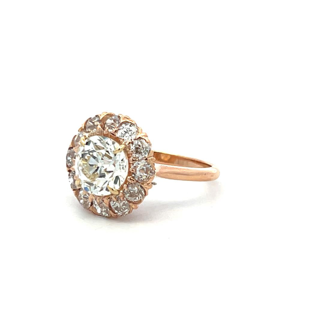 14K Rose Gold Halo Ring with 3.62ct Old European Diamonds Size 5.75 GIA K SI1