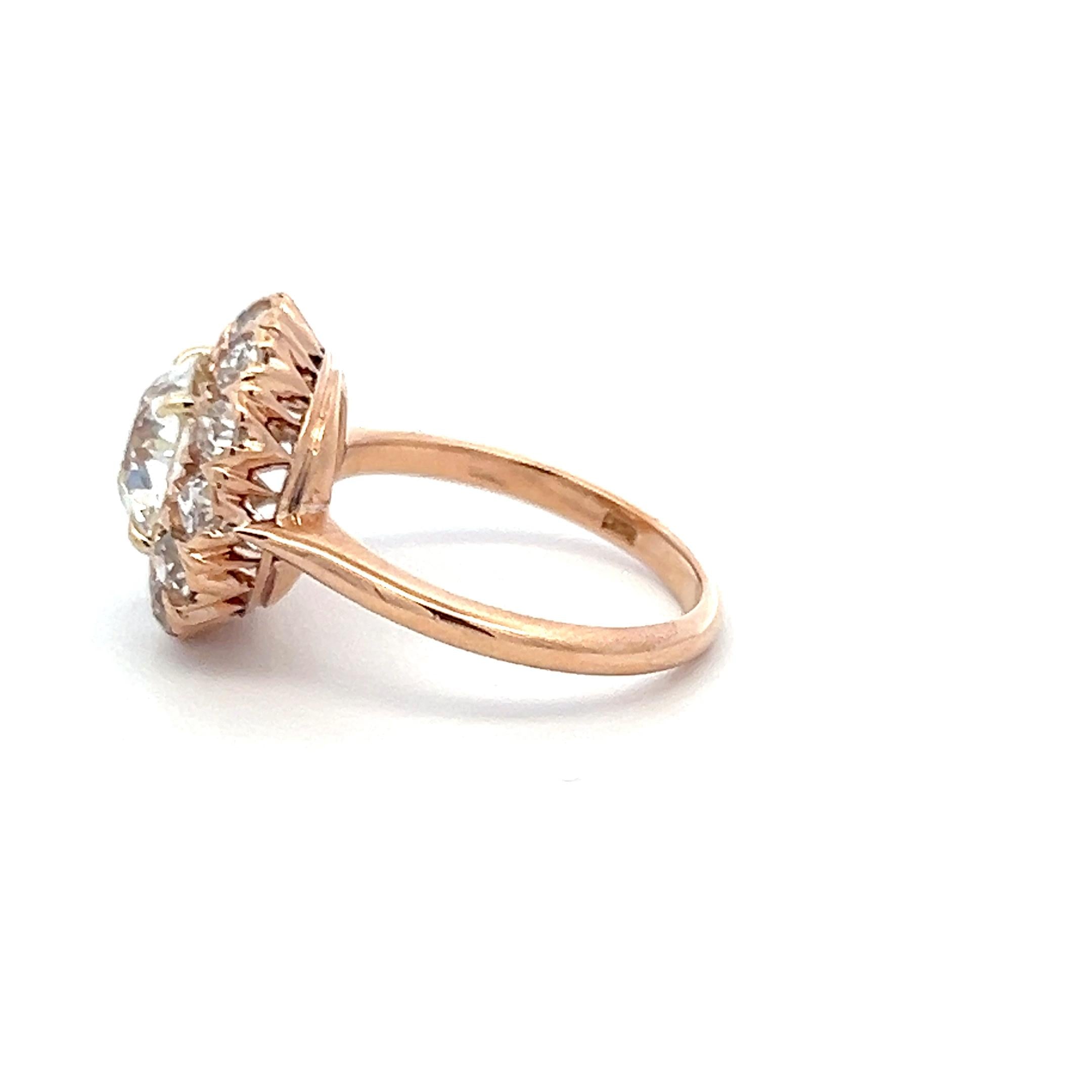 14K Rose Gold Halo Ring with 3.62ct Old European Diamonds Size 5.75 GIA K SI1