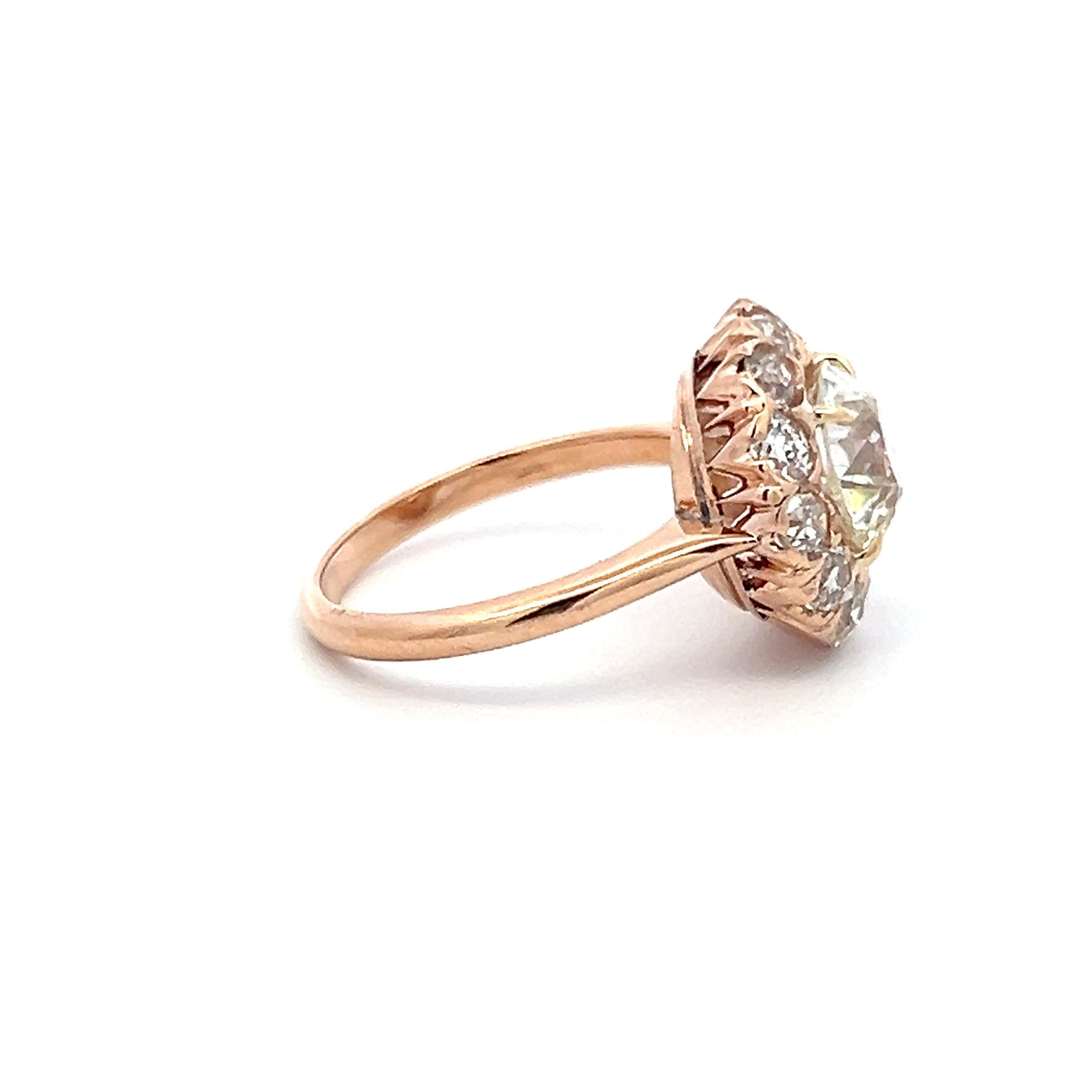 14K Rose Gold Halo Ring with 3.62ct Old European Diamonds Size 5.75 GIA K SI1