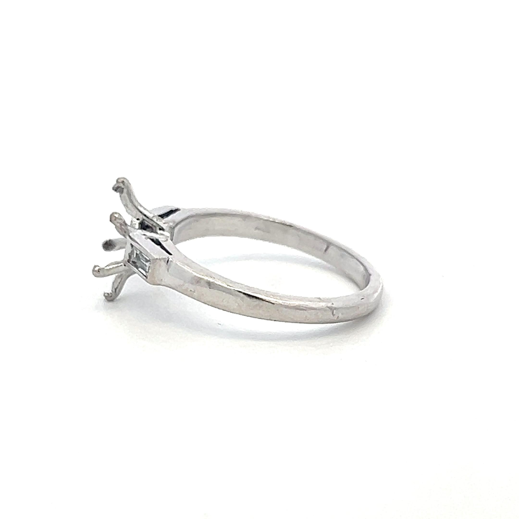 18K White Gold Semi Mount Ring with 0.2ct Baguette Diamonds Fits 8.2 MM 2.00ct+
