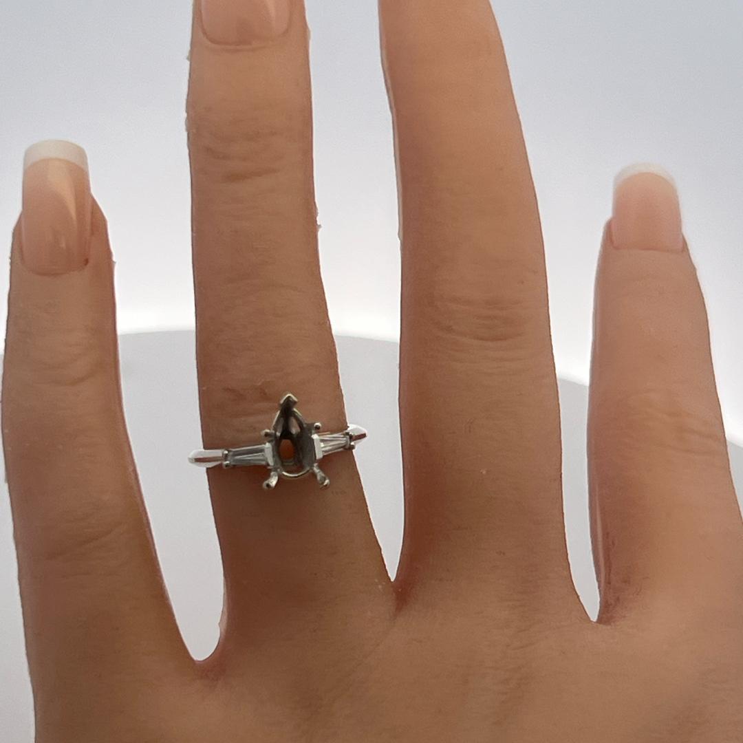 14K White Gold Semi Mount Ring with 0.2ct Tapered Baguette Diamonds Fits 10x6mm