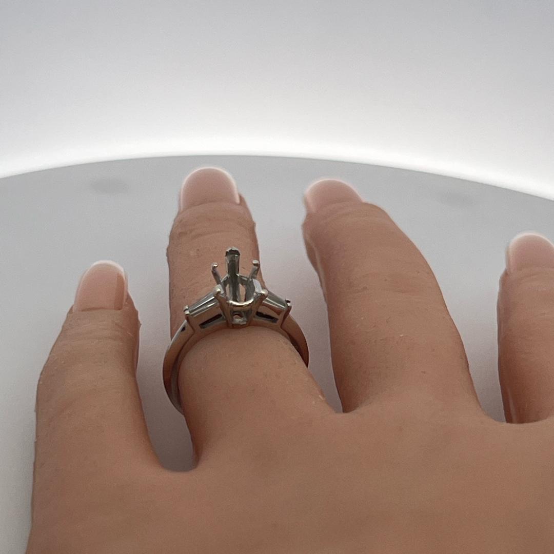 14K White Gold Semi Mount Ring with 0.2ct Tapered Baguette Diamonds Fits 10x6mm