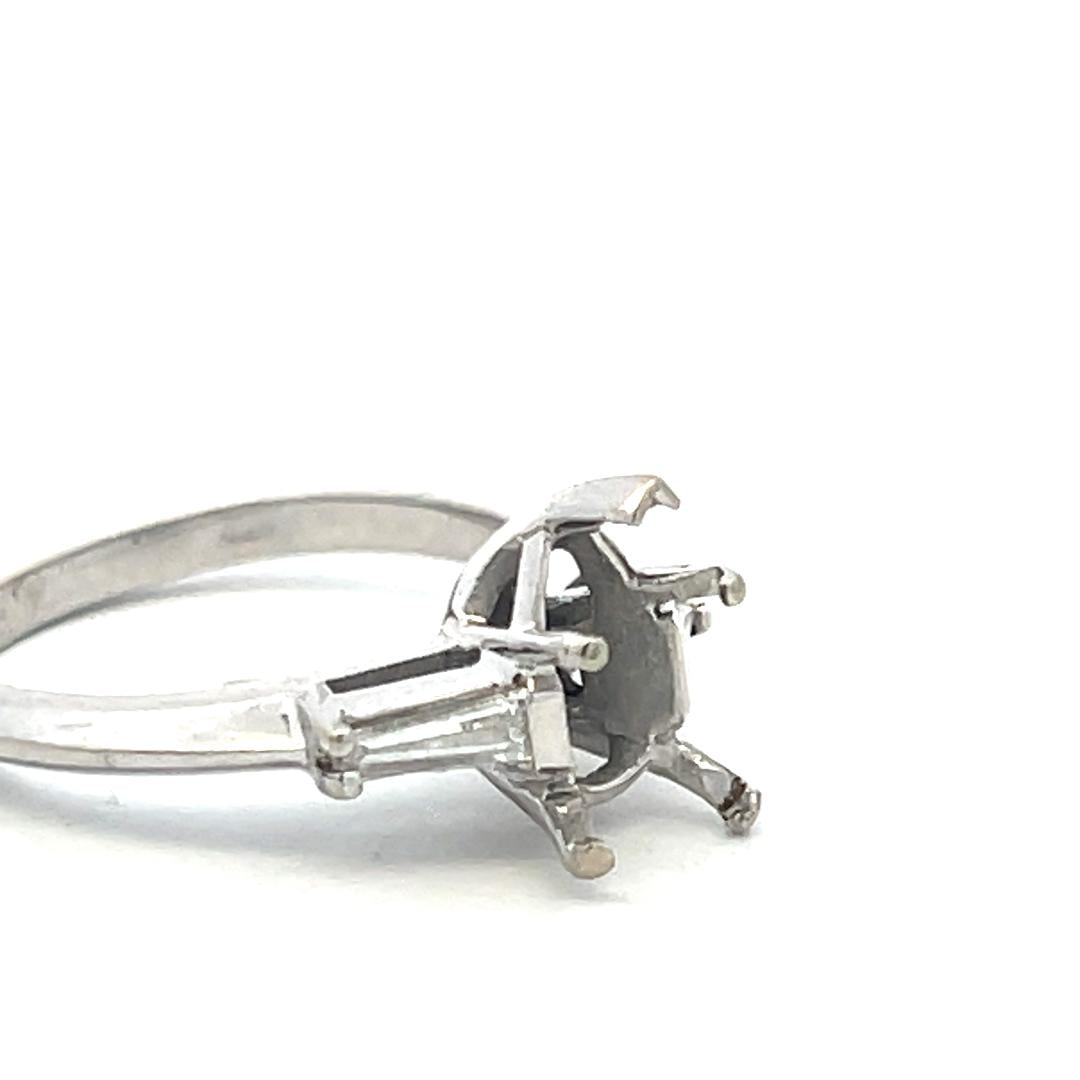 14K White Gold Semi Mount Ring with 0.2ct Tapered Baguette Diamonds Fits 10x6mm