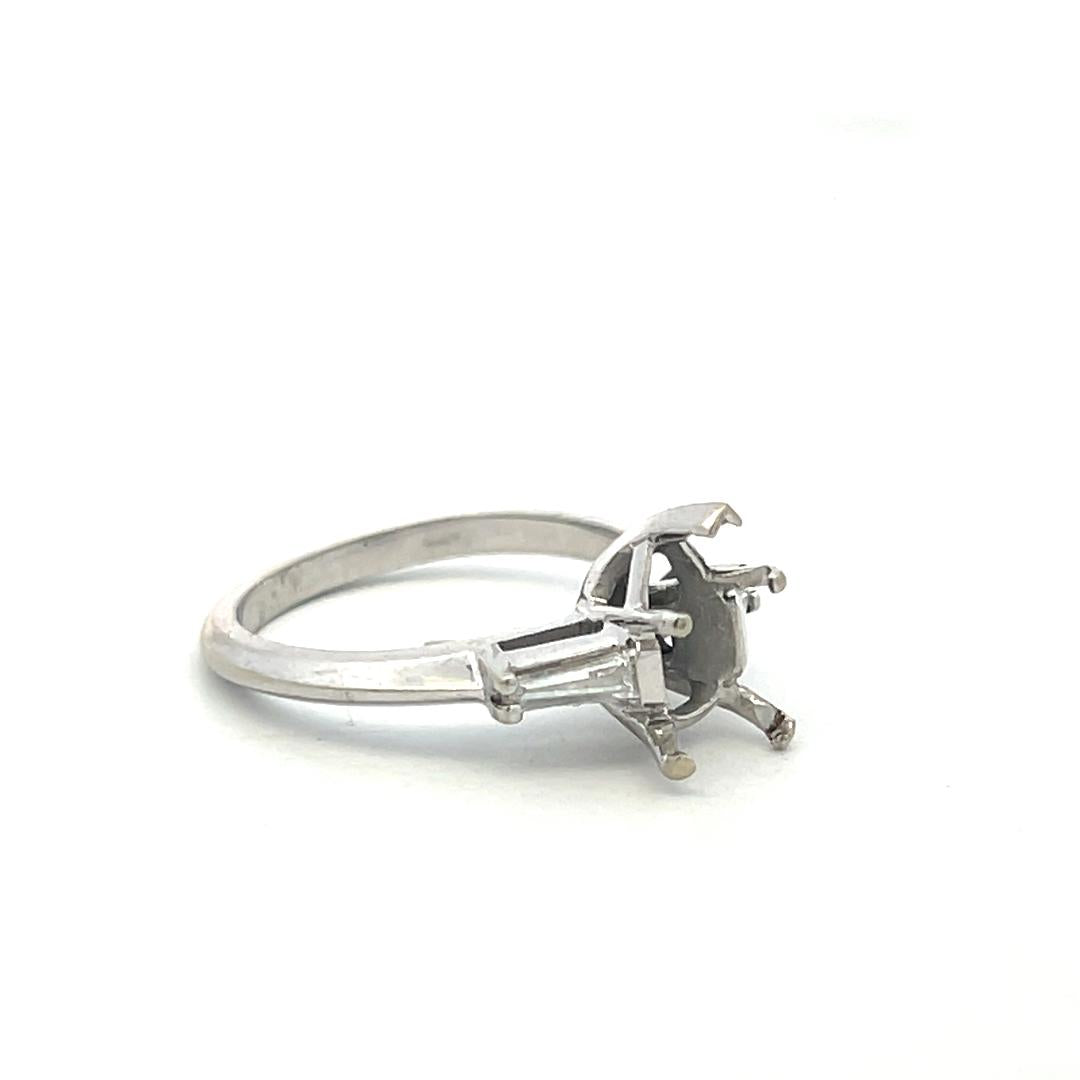 14K White Gold Semi Mount Ring with 0.2ct Tapered Baguette Diamonds Fits 10x6mm