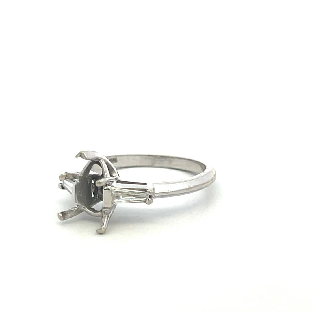 14K White Gold Semi Mount Ring with 0.2ct Tapered Baguette Diamonds Fits 10x6mm