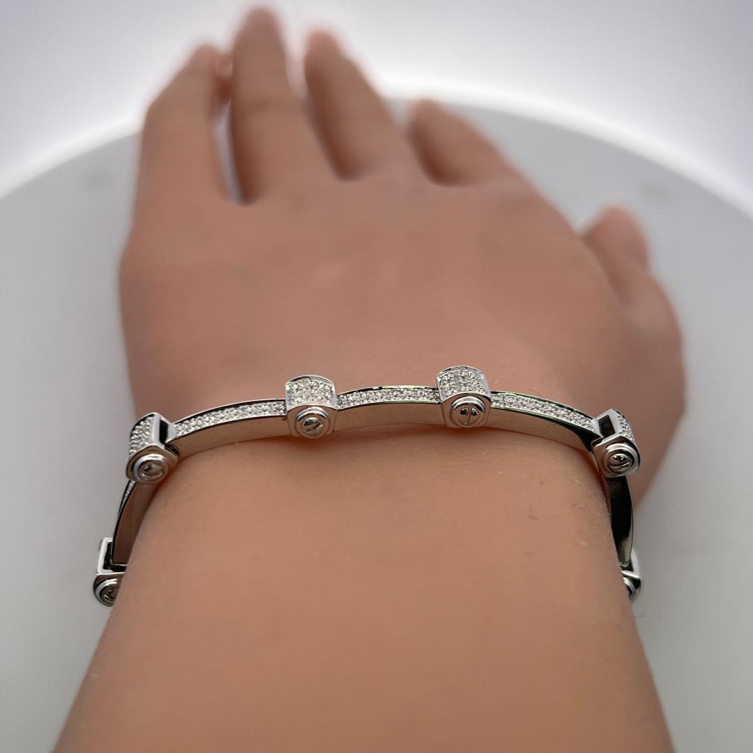 Charriol 18K White Gold Link Bracelet 1.25ct Round Diamonds & 0.15ct Sapphire