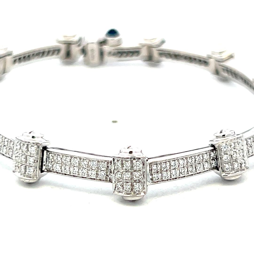 Charriol 18K White Gold Link Bracelet 1.25ct Round Diamonds & 0.15ct Sapphire