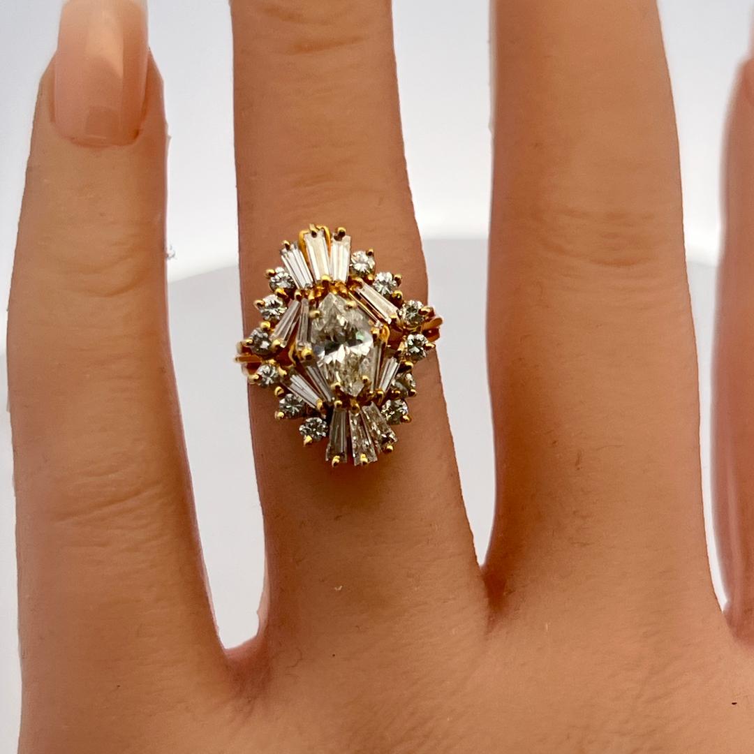 18K Yellow Gold Cluster Ring with 1.92 Carat Mixed Shape Diamonds Size 5.5
