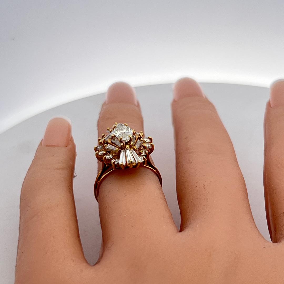 18K Yellow Gold Cluster Ring with 1.92 Carat Mixed Shape Diamonds Size 5.5