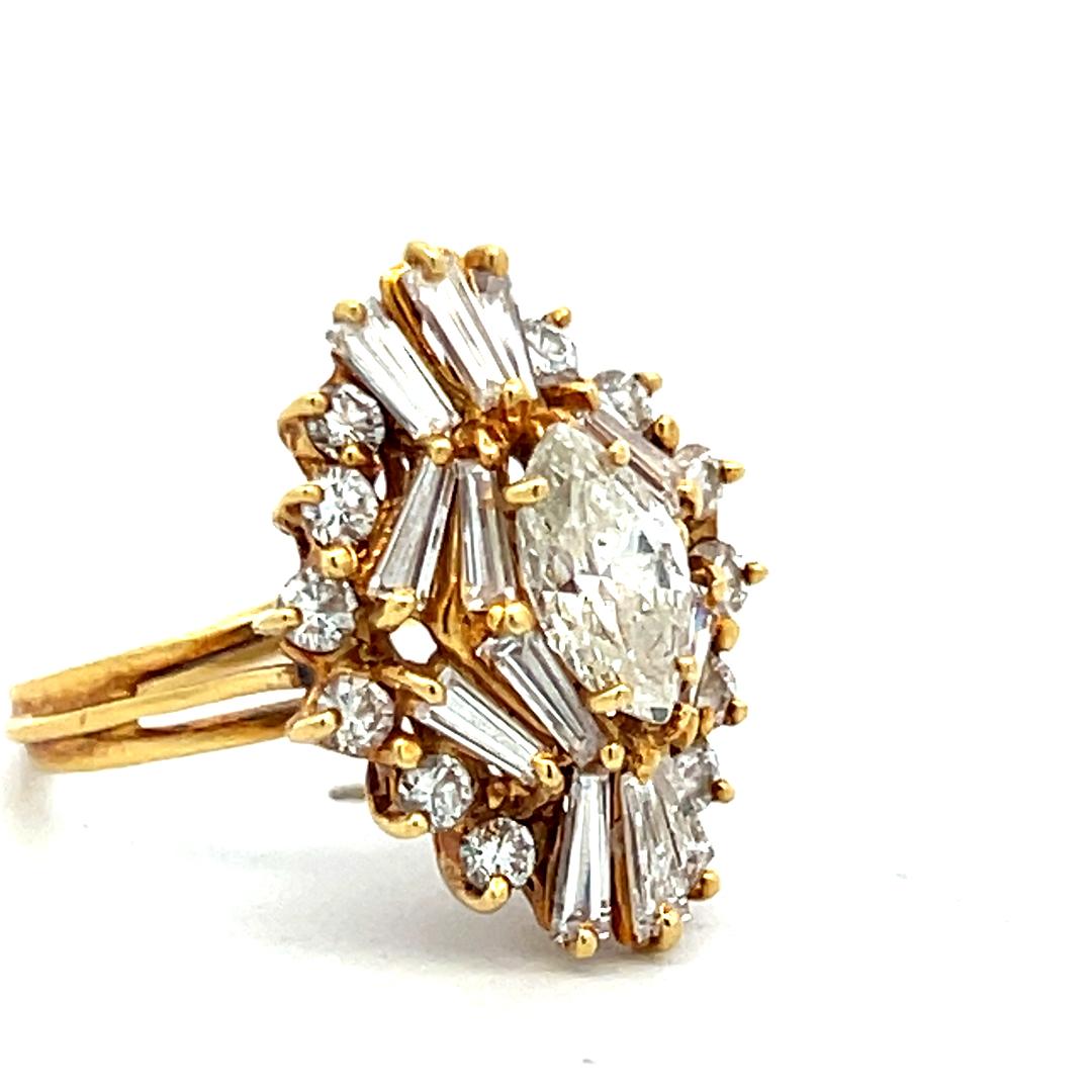 18K Yellow Gold Cluster Ring with 1.92 Carat Mixed Shape Diamonds Size 5.5