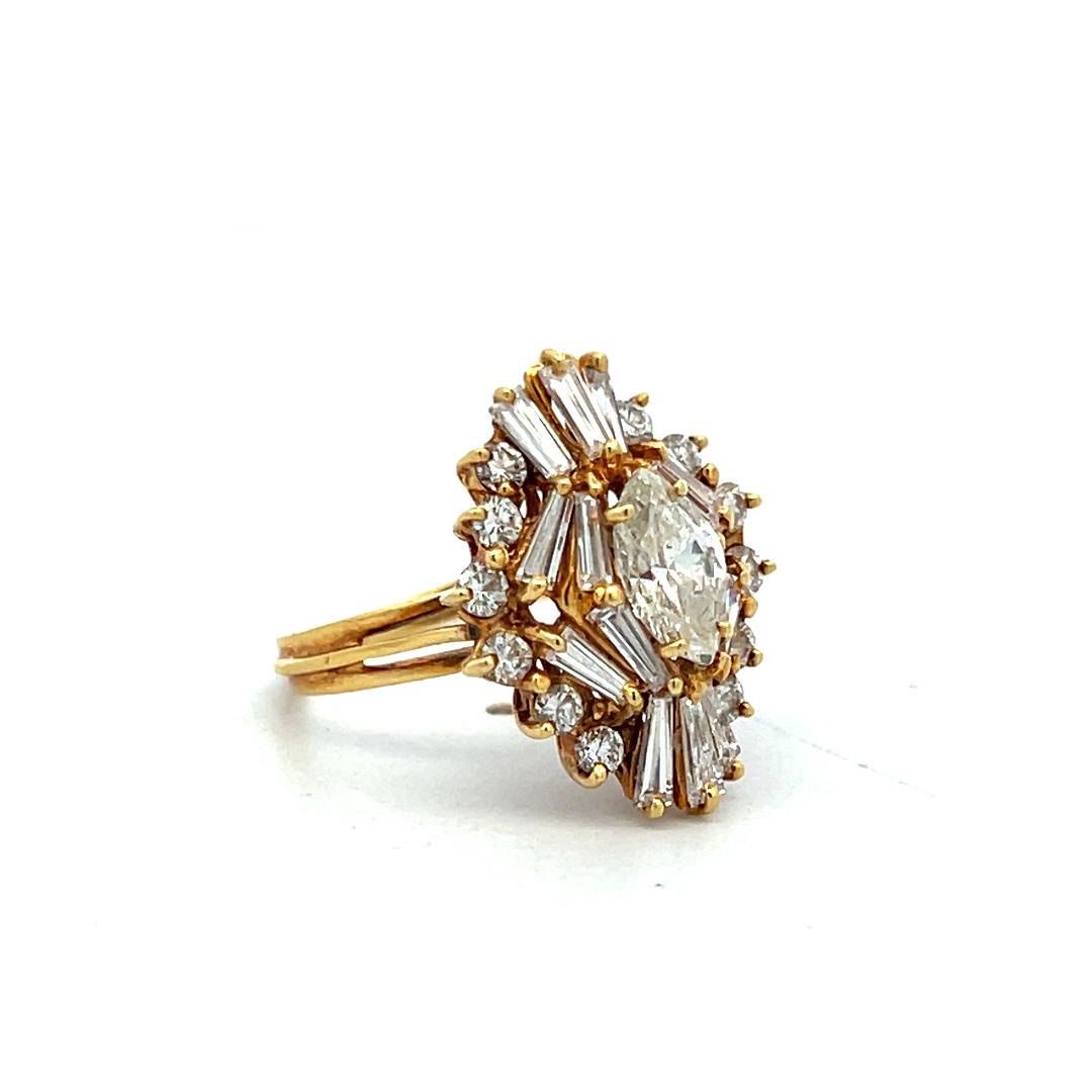 18K Yellow Gold Cluster Ring with 1.92 Carat Mixed Shape Diamonds Size 5.5