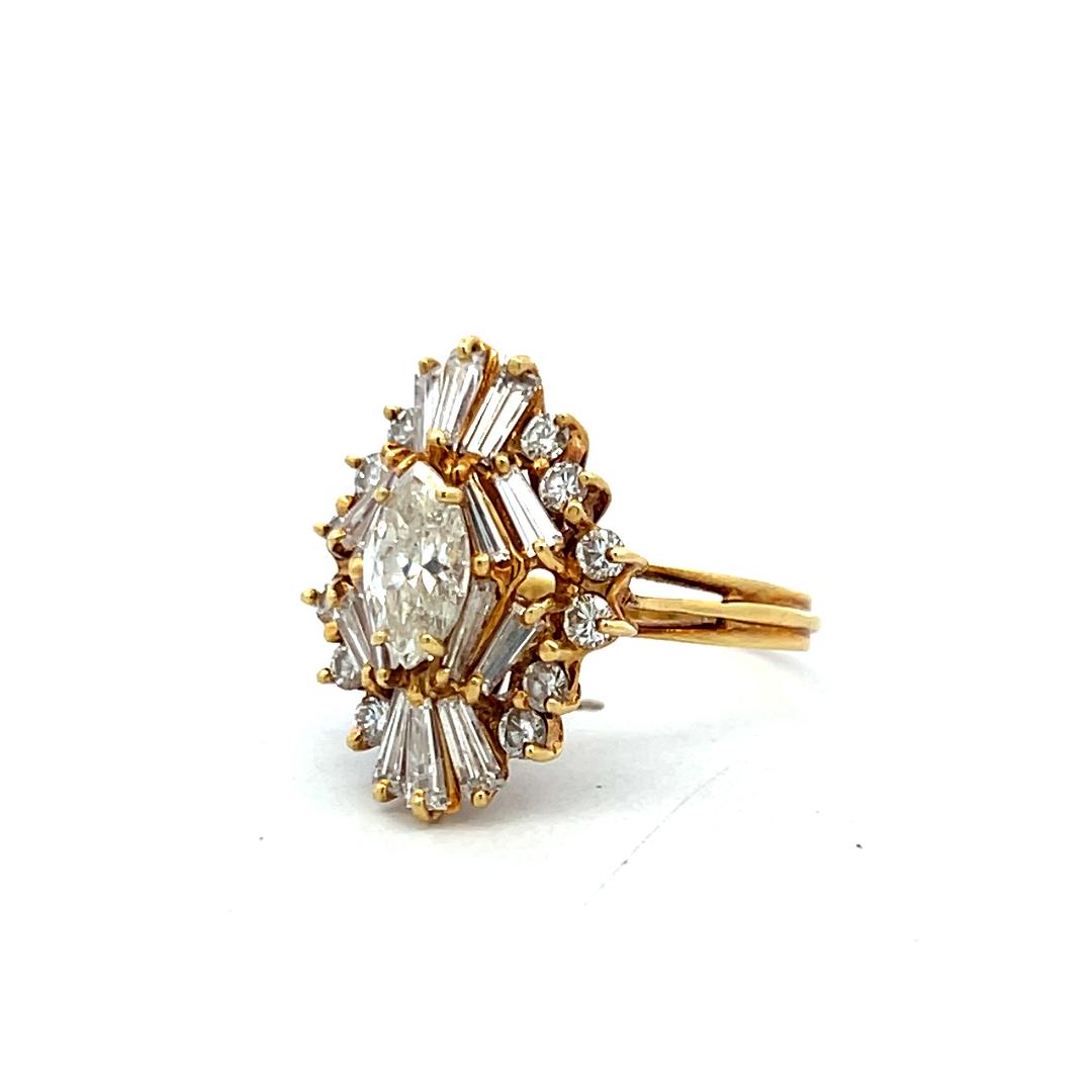 18K Yellow Gold Cluster Ring with 1.92 Carat Mixed Shape Diamonds Size 5.5