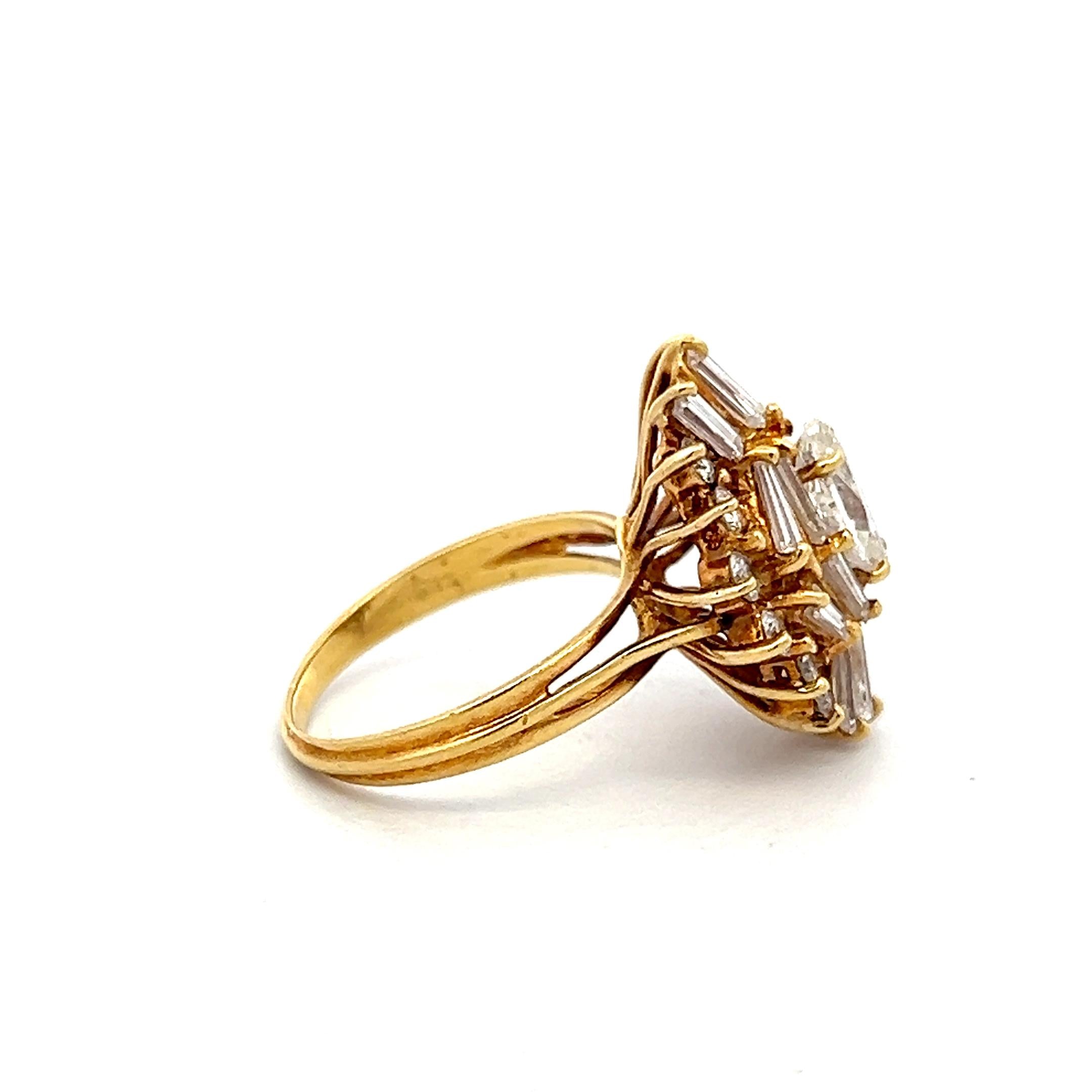 18K Yellow Gold Cluster Ring with 1.92 Carat Mixed Shape Diamonds Size 5.5